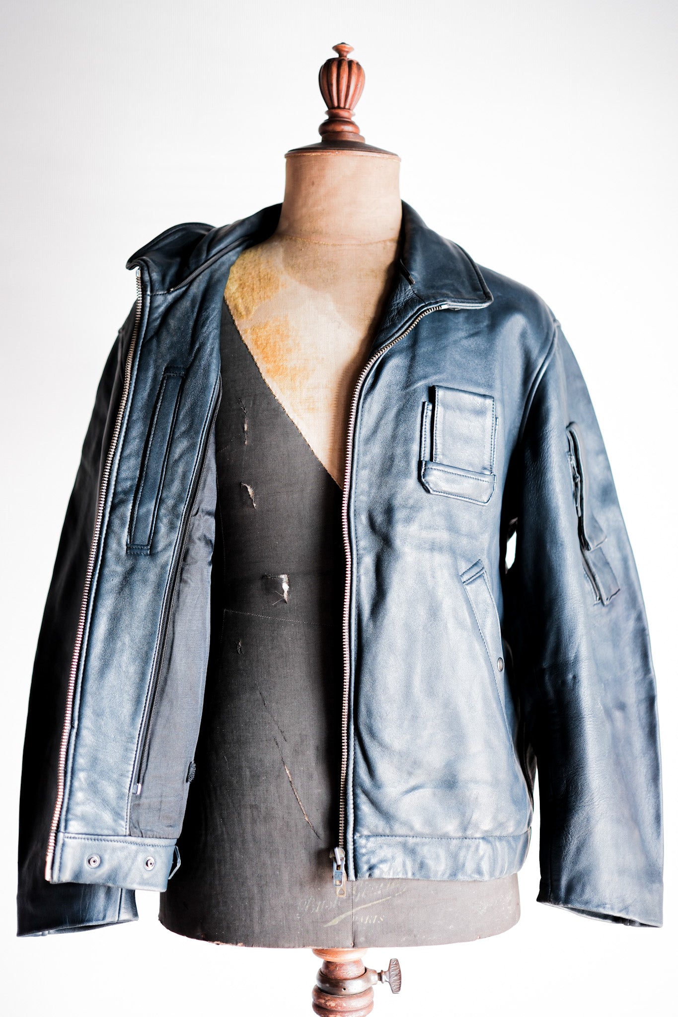 【~70's】French Air Force Pilot Leather Jacket With Chin Strap
