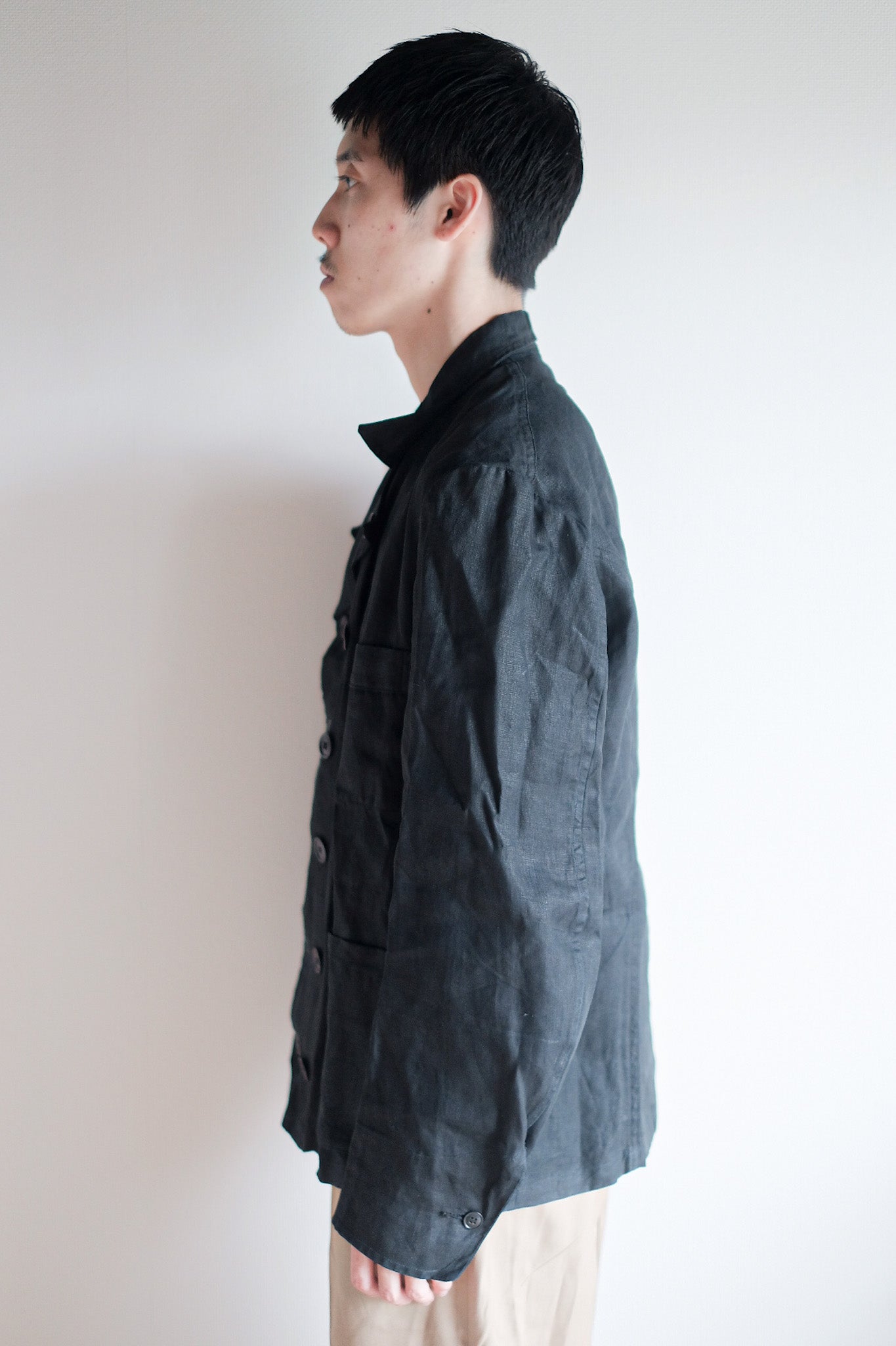 【~30's】French Vintage Black Indigo Linen Double Breasted Work Jacket "Dead Stock"