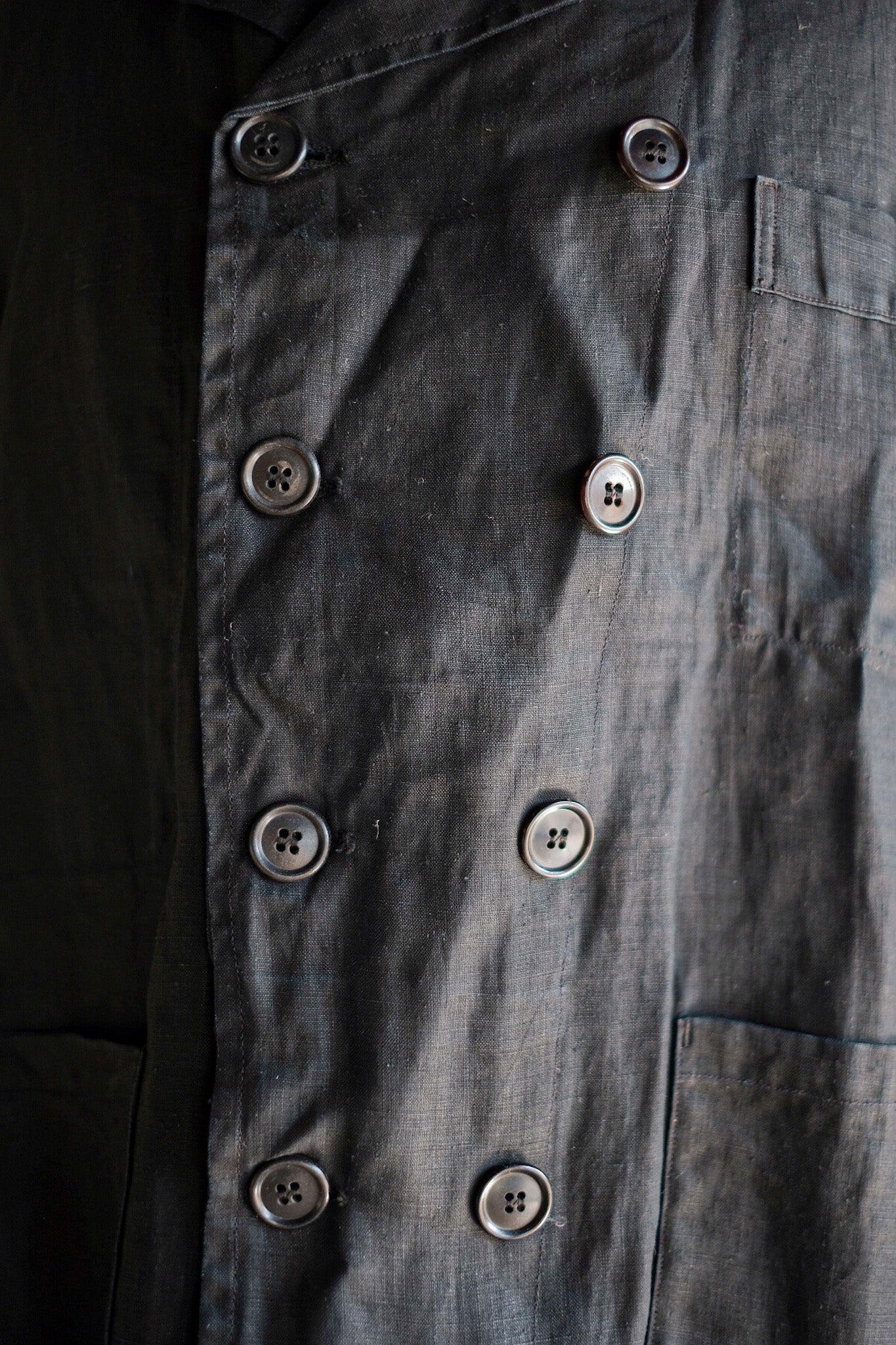 【~30's】French Vintage Black Indigo Linen Double Breasted Work Jacket "Dead Stock"