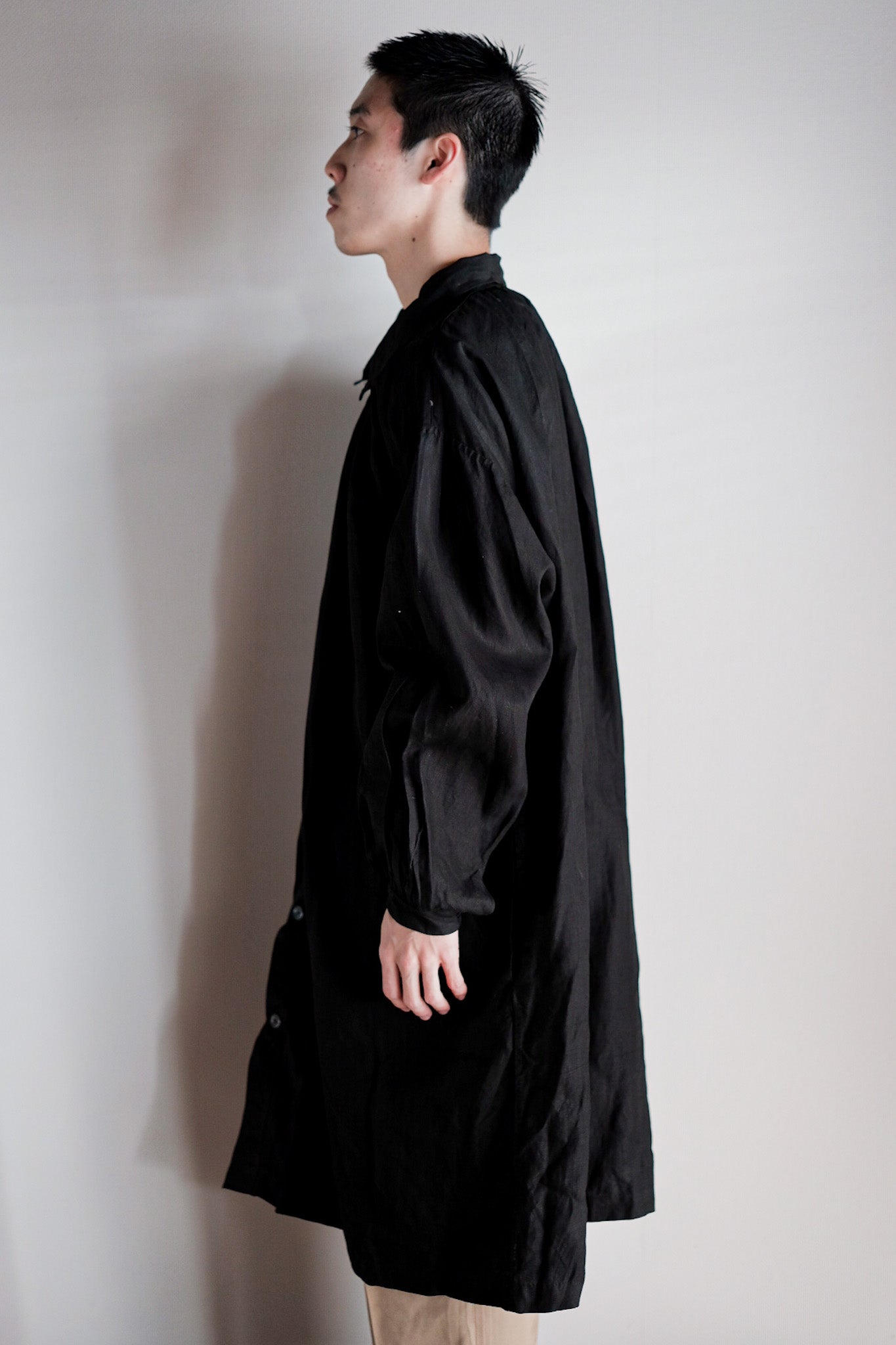 【Early 20th C】French Antique Black Indigo Linen Smock Open Type "Biaude" "Dead Stock"