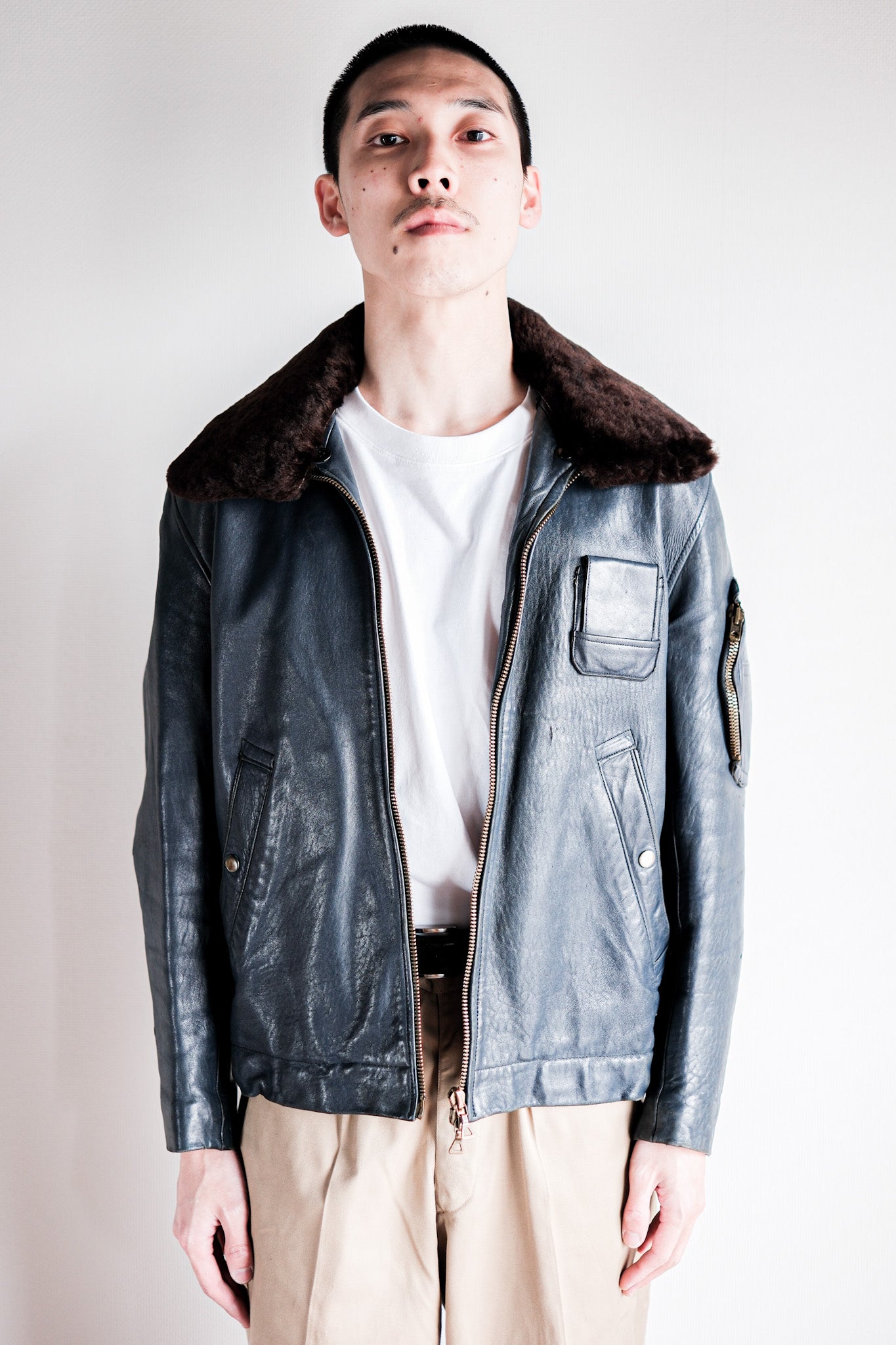 【~70's】French Air Force Pilot Leather Jacket Size.92C