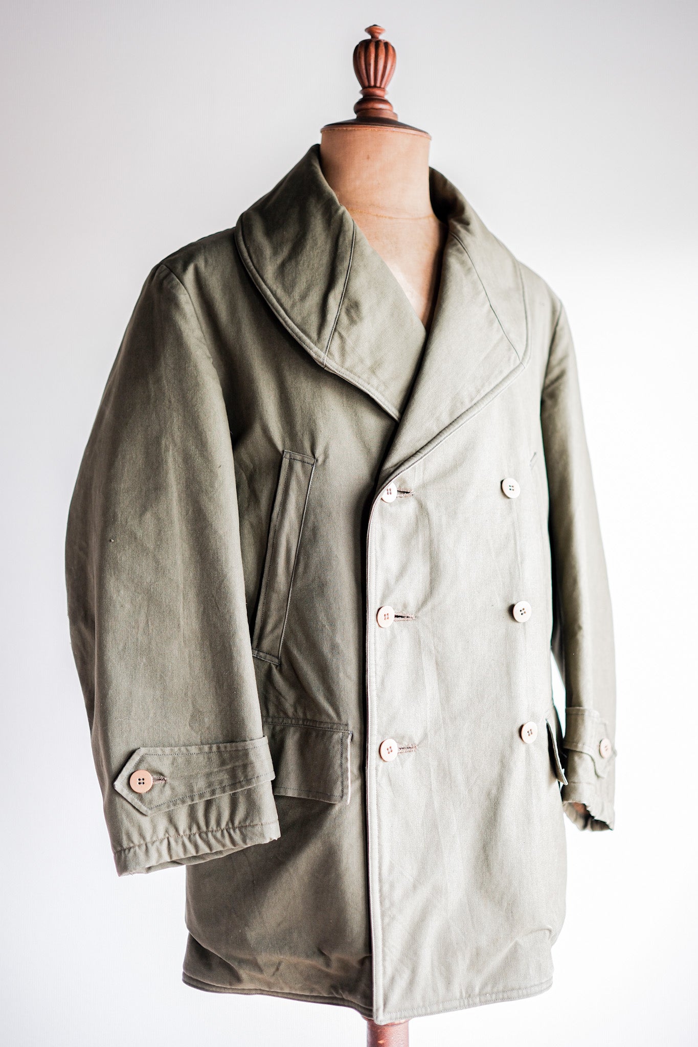 【~40's】French Vintage Shawl Collar Green Cotton Canvas Mackinaw Coat