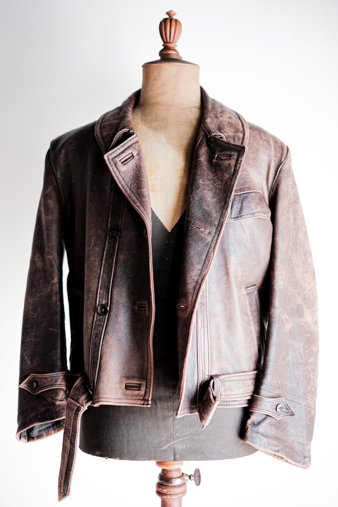 【~50's】French Vintage Le Corbusier Type Double Breasted Leather Jacket "Unusual Pattern"