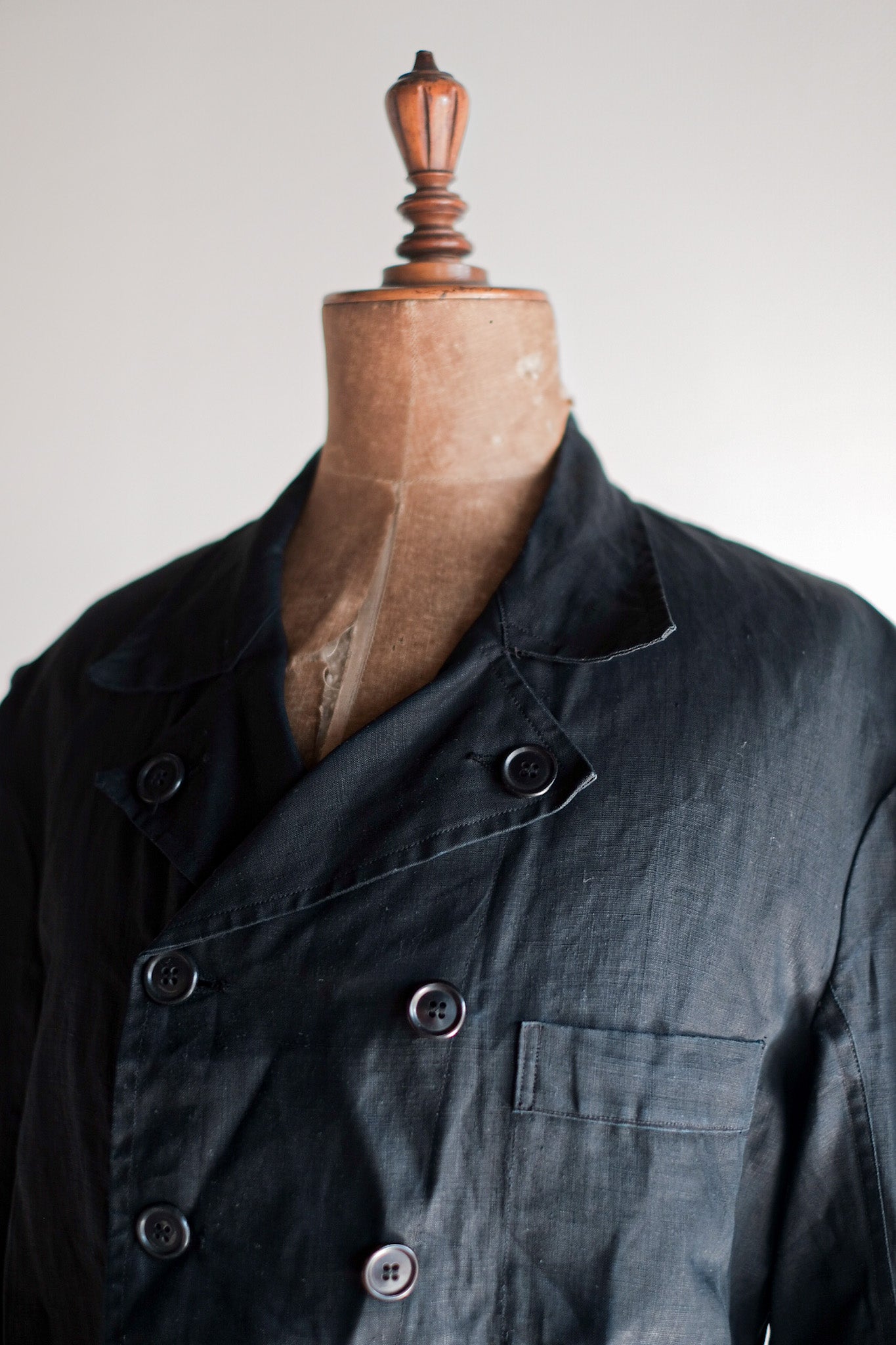 【~30's】French Vintage Black Indigo Linen Double Breasted Work Jacket "Dead Stock"