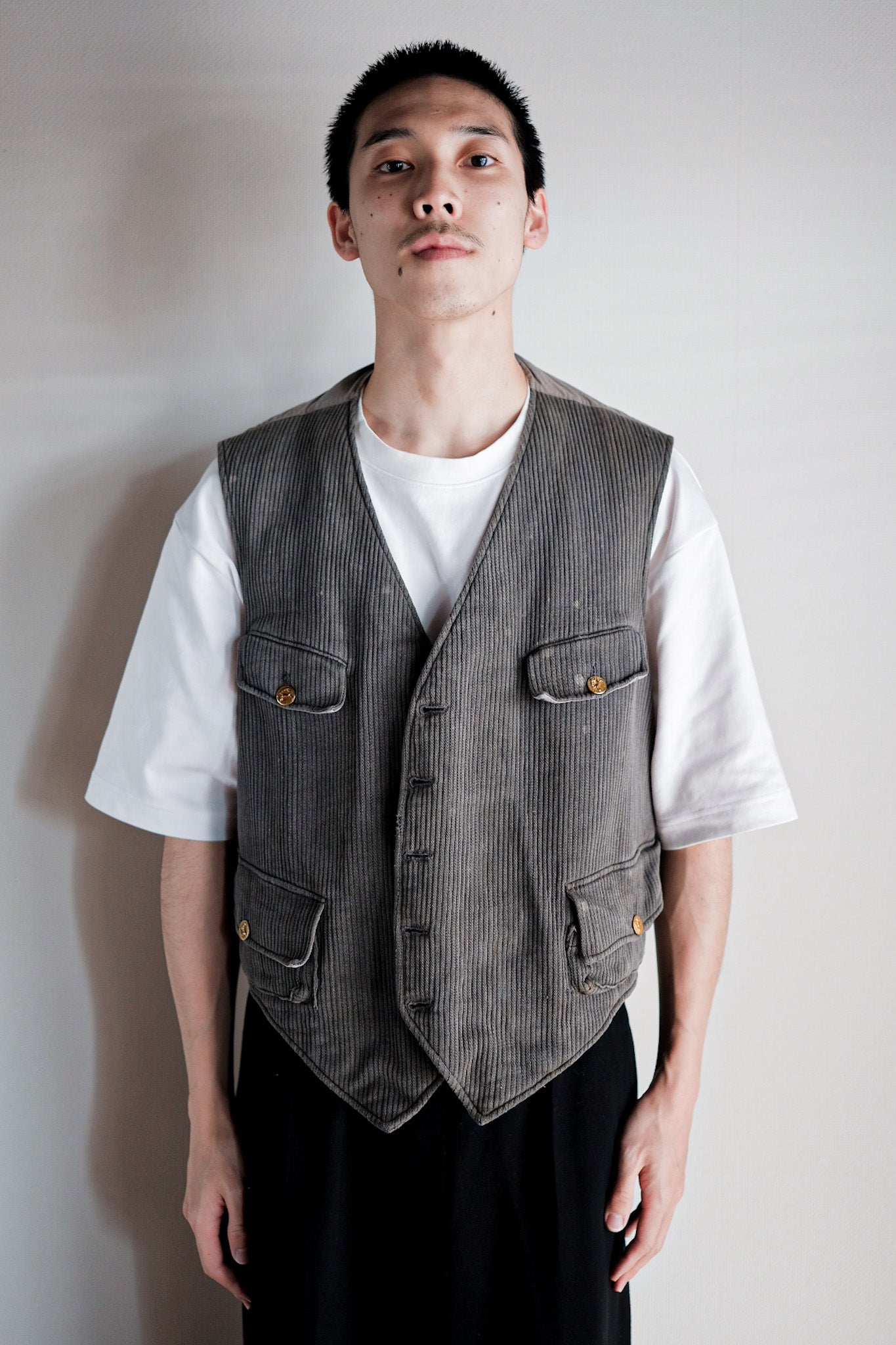 【~30's】French Vintage Gray Cotton Pique Hunting Gilet