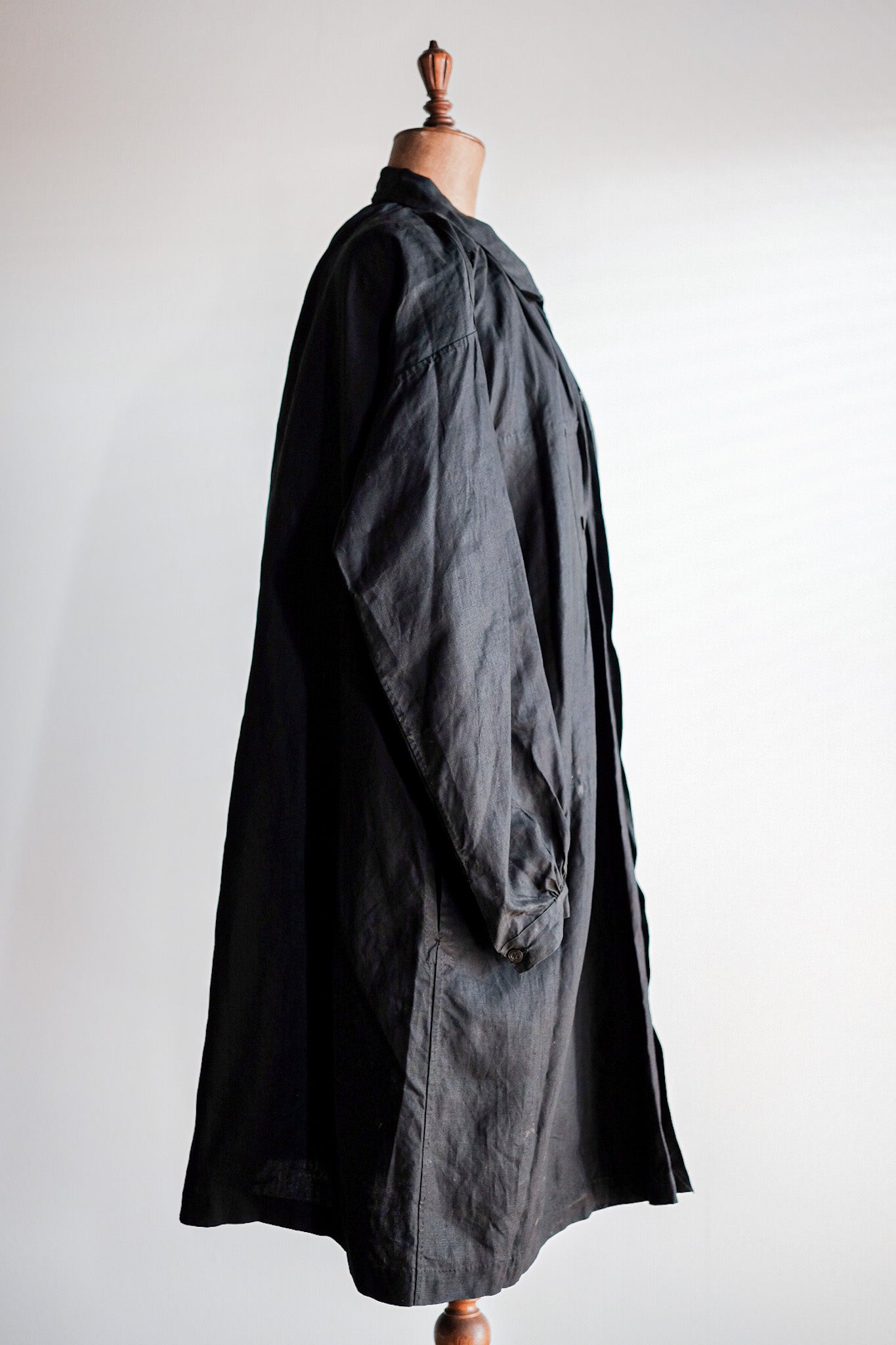 【Early 20th C】French Antique Black Indigo Linen Smock Open Type "Biaude" "Dead Stock"