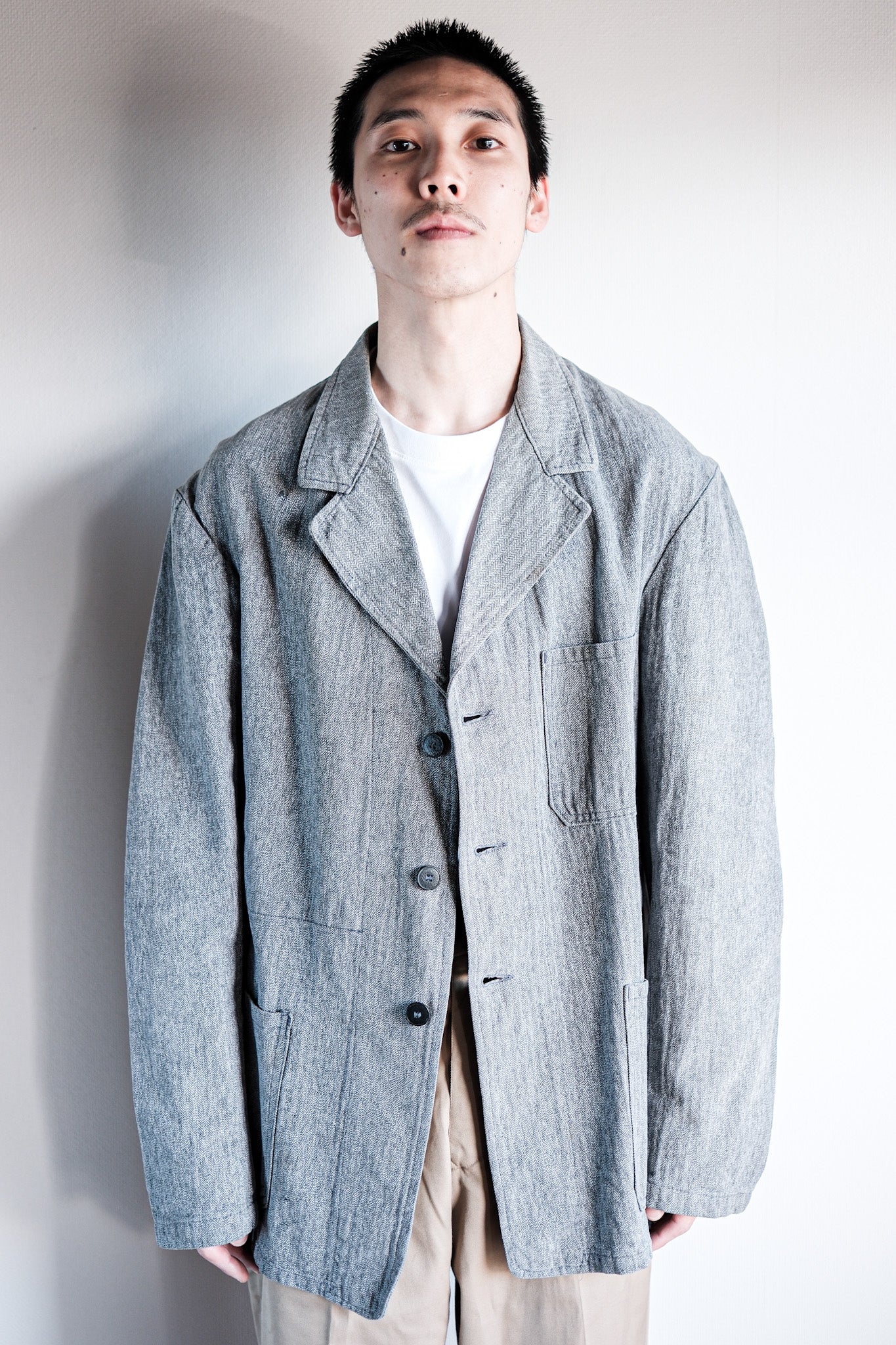 【~50's】French Vintage Salt & Pepper Cotton HBT Lapel Work Jacket