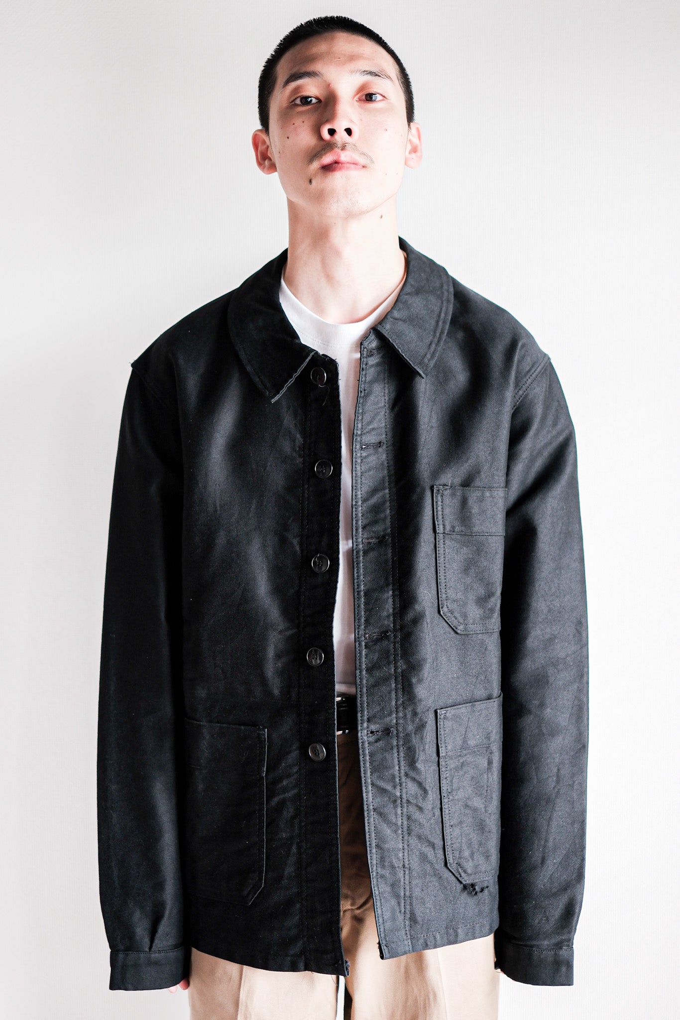 【~60's】French Vintage Black Moleskin Work Jacket Size.46 "Adolphe Lafont"