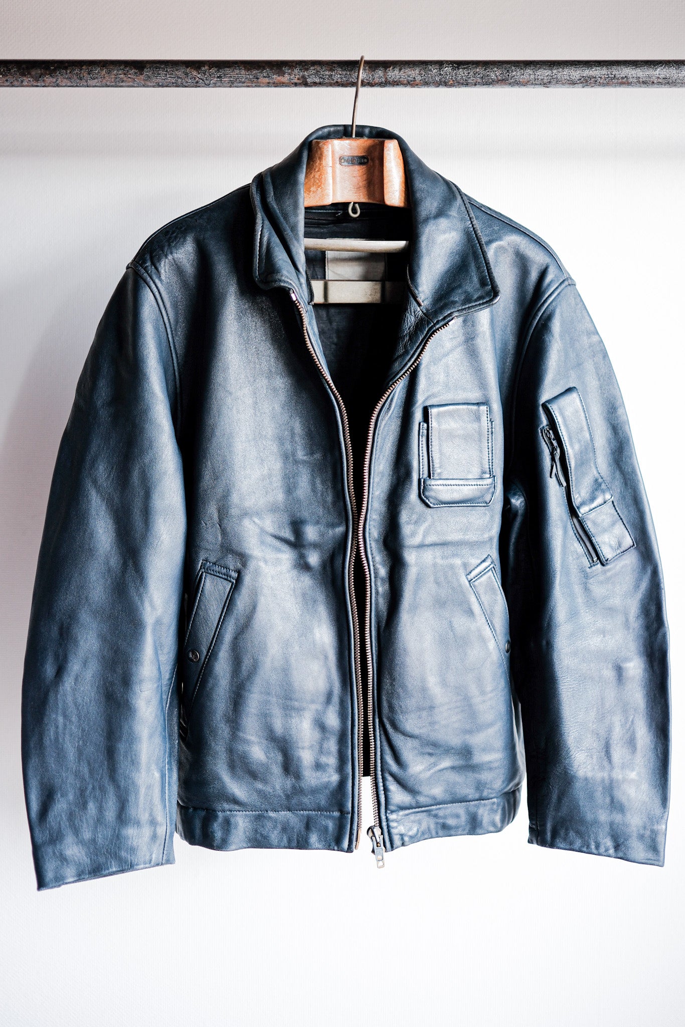 【~70's】French Air Force Pilot Leather Jacket With Chin Strap