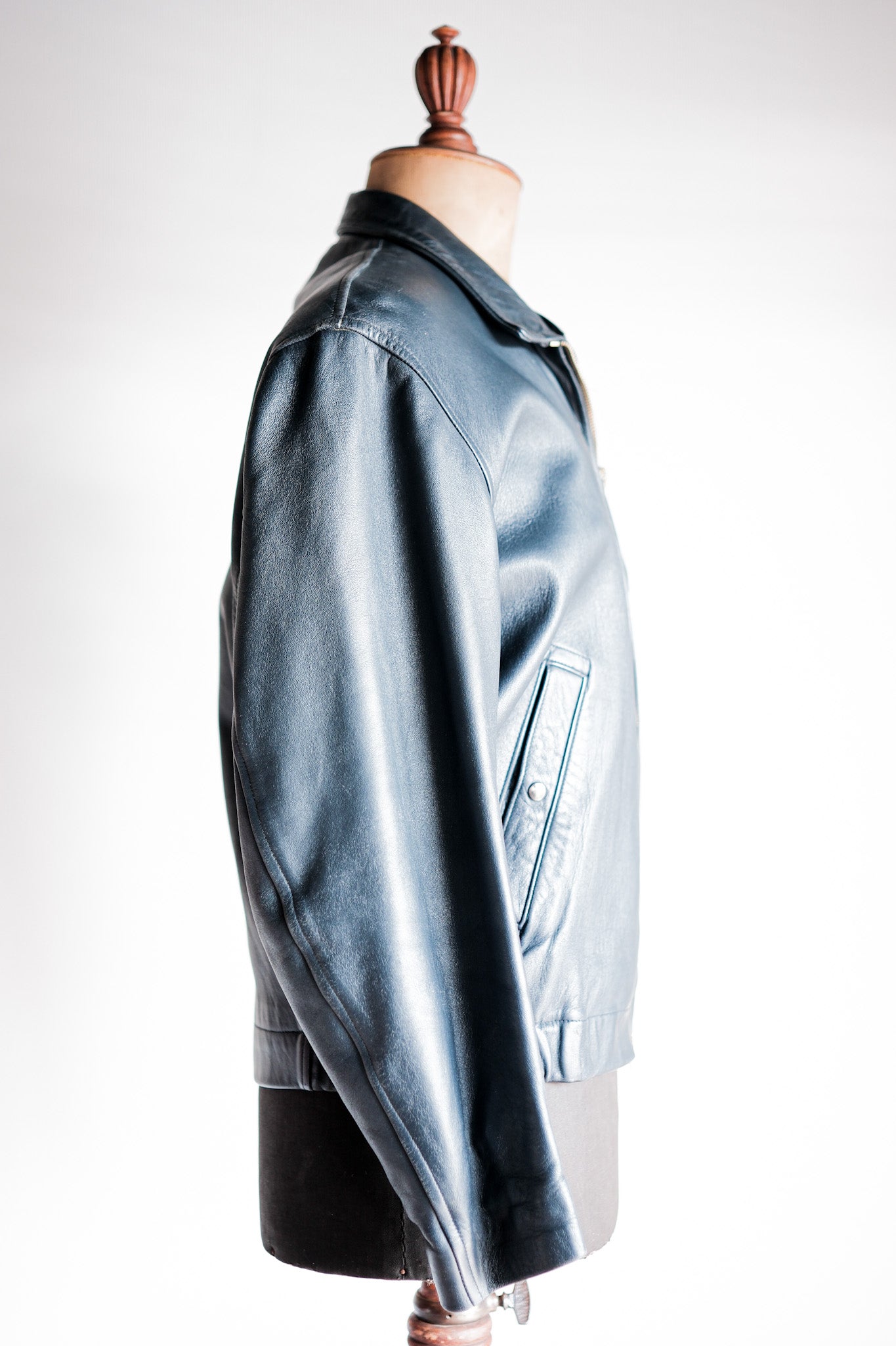 【~70's】French Air Force Pilot Leather Jacket With Chin Strap Size.96M
