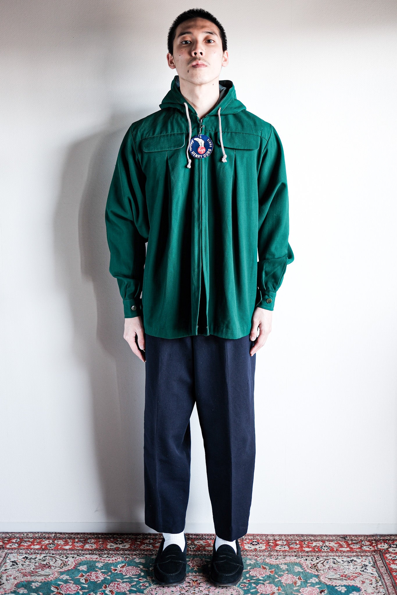 【~50's】French Vintage Green Wool Rayon Hooded Jacket "Dead Stock"