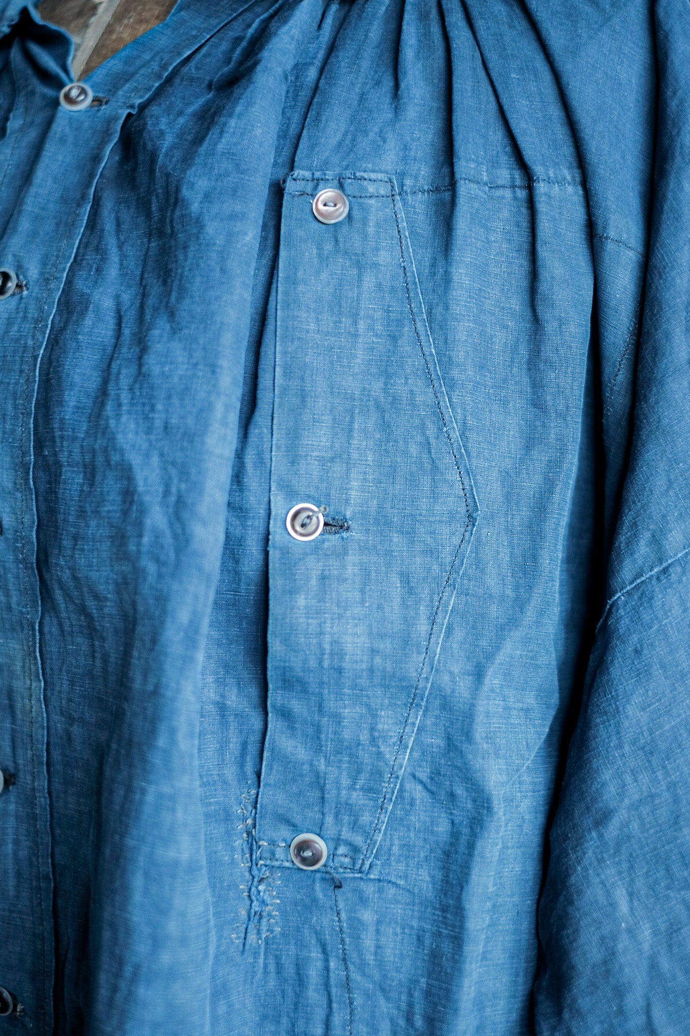 【Early 20th C】French Antique Indigo Linen Smock Open Type "Biaude"
