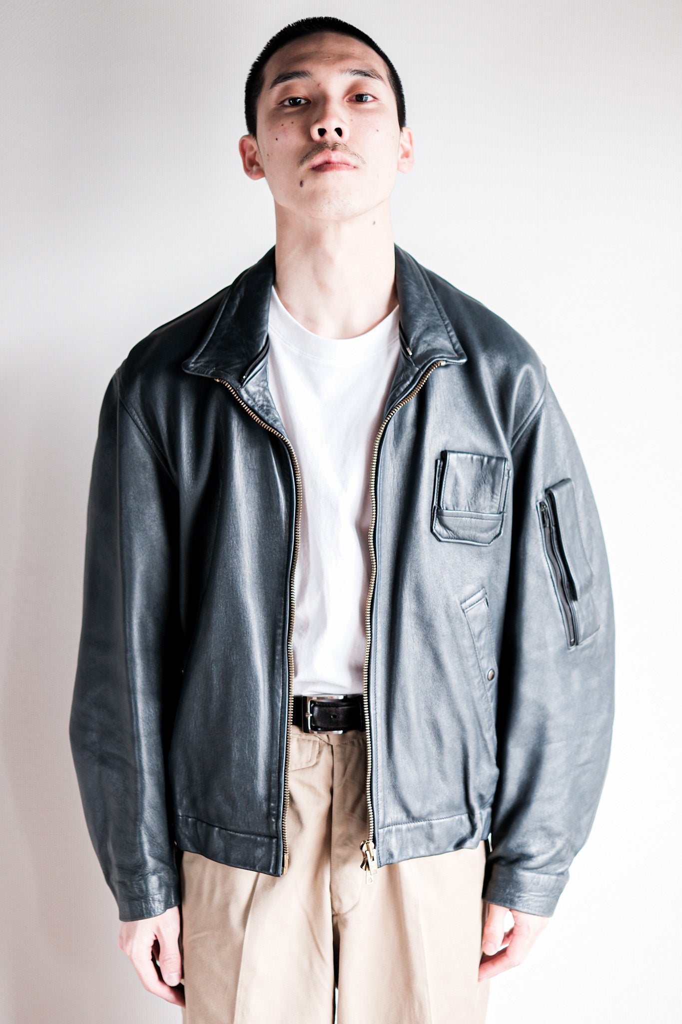 【~70's】French Air Force Pilot Leather Jacket With Chin Strap Size.96M