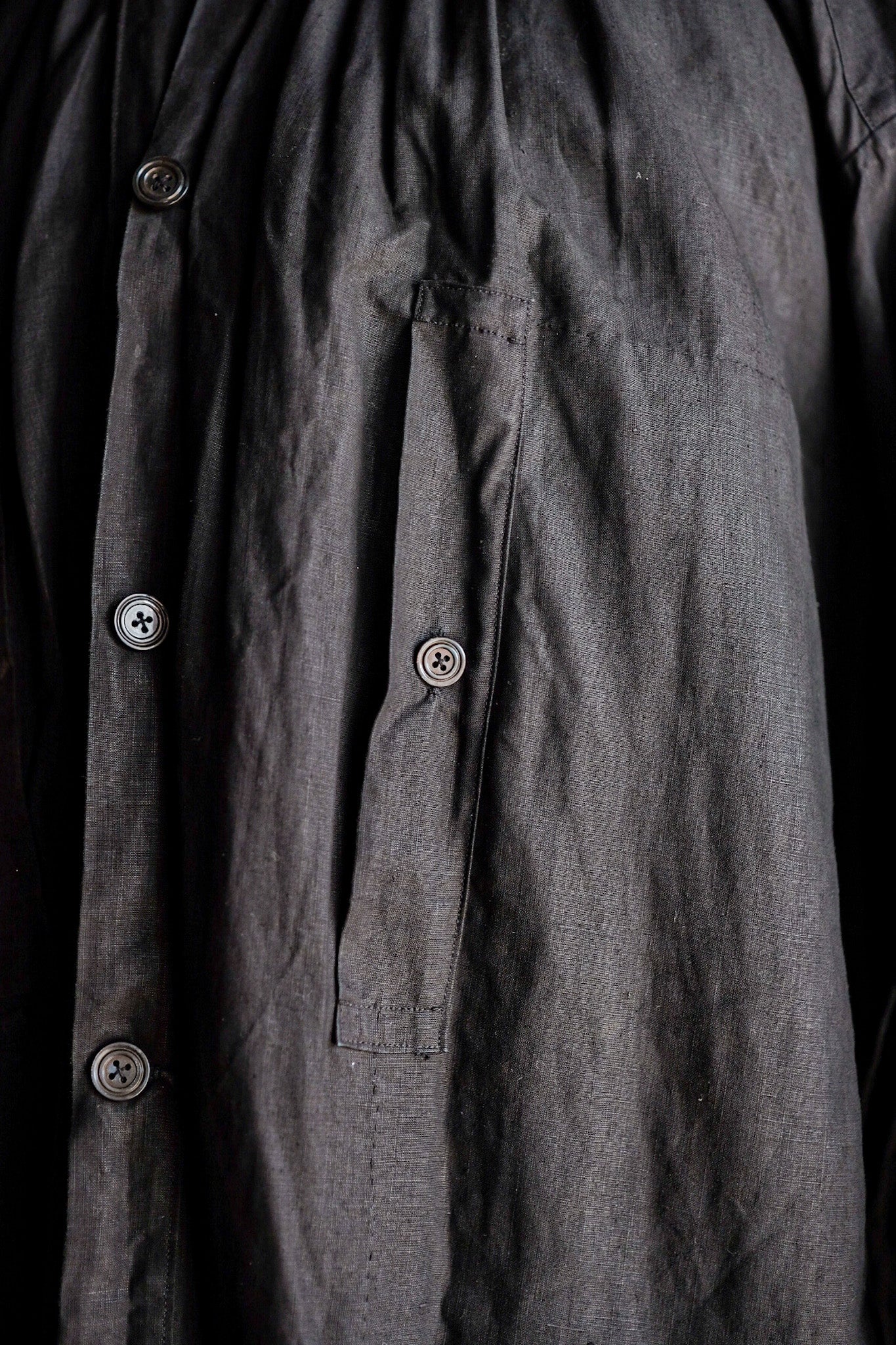 【Early 20th C】French Antique Black Indigo Linen Smock Open Type "Biaude" "Dead Stock"