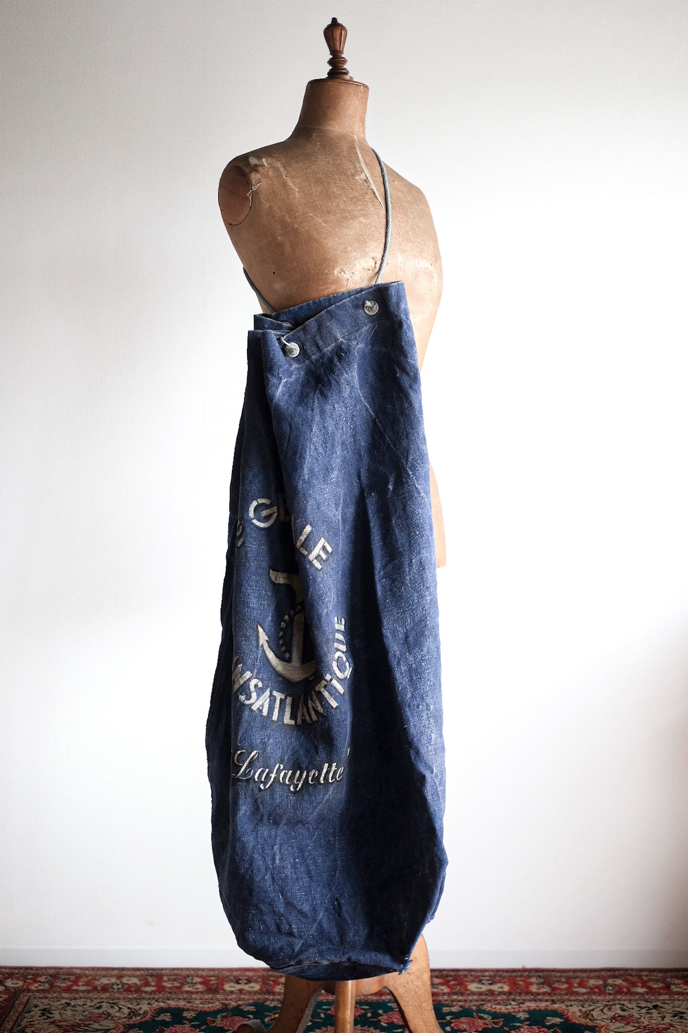 【~30's】French Vintage Indigo Hemp Linen Duffle Bag "MS Lafayette"
