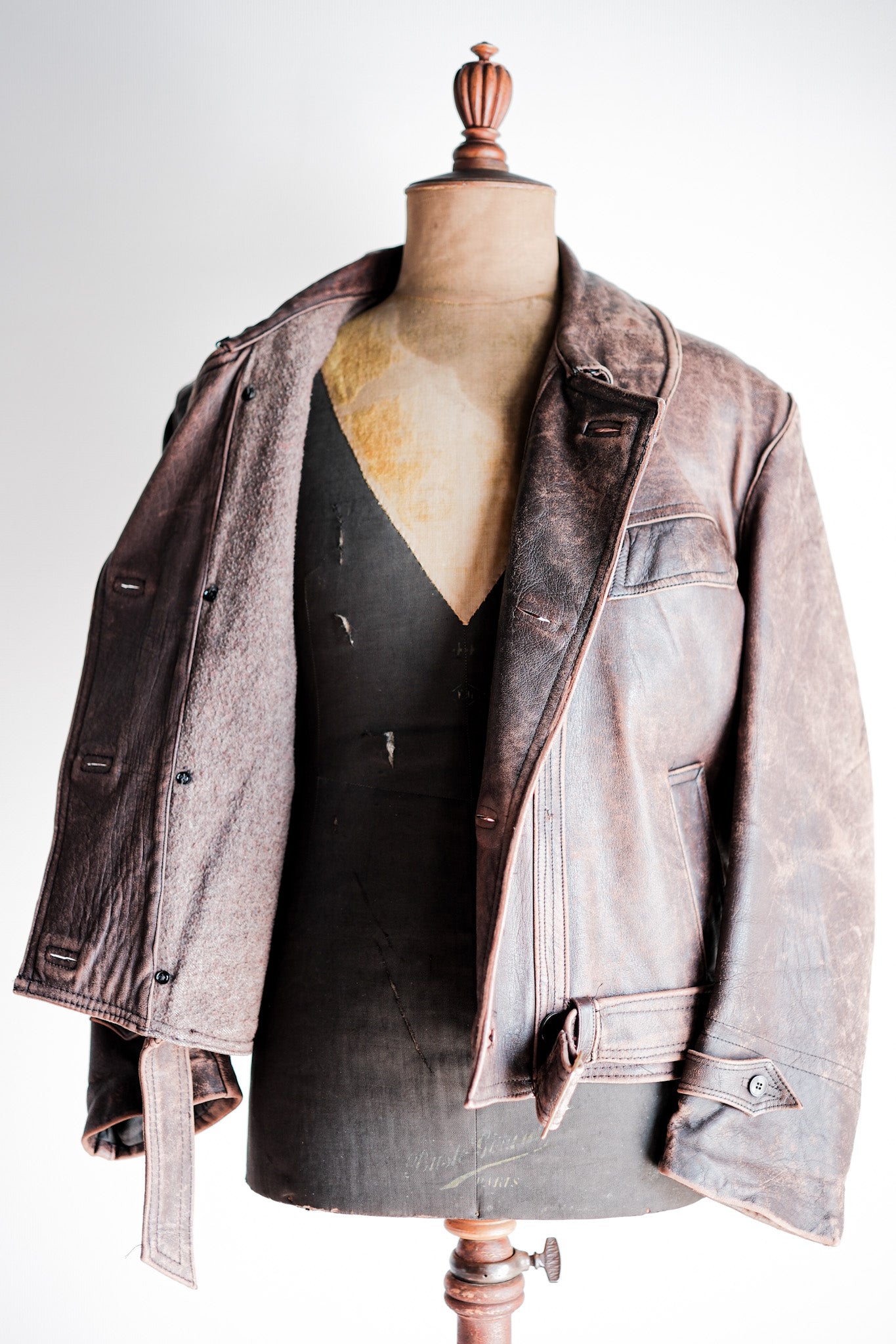 【~50's】French Vintage Le Corbusier Type Double Breasted Leather Jacket "Unusual Pattern"