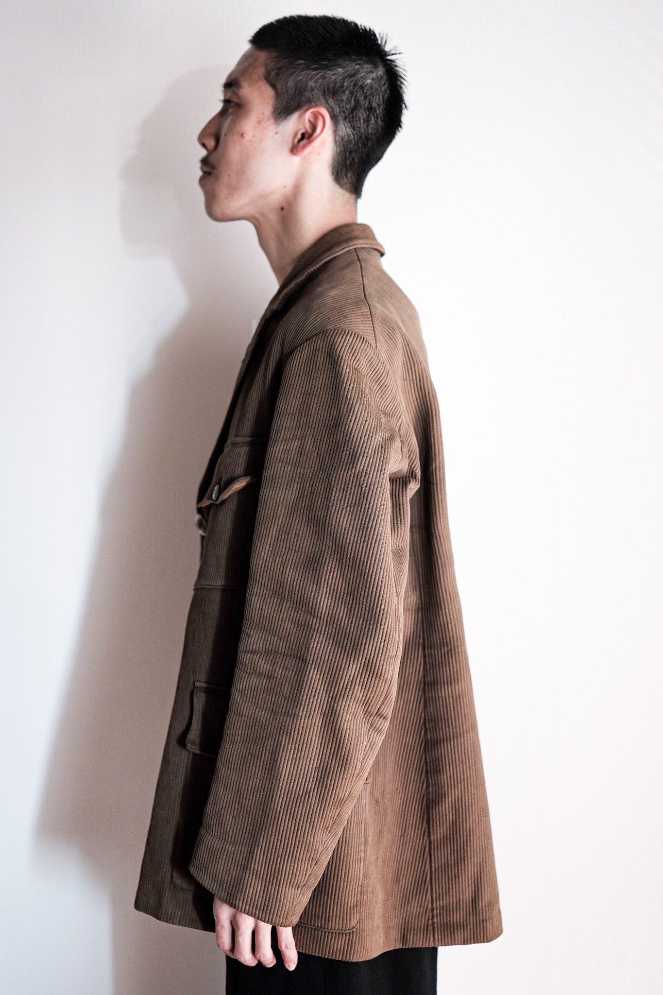 【~40's】French Vintage Brown Cotton Pique Lapel Gamekeeper Hunting Jacket "Unusual Pattern"