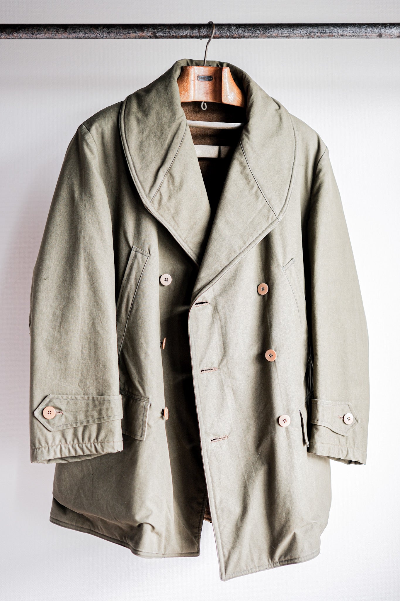 【~40's】French Vintage Shawl Collar Green Cotton Canvas Mackinaw Coat