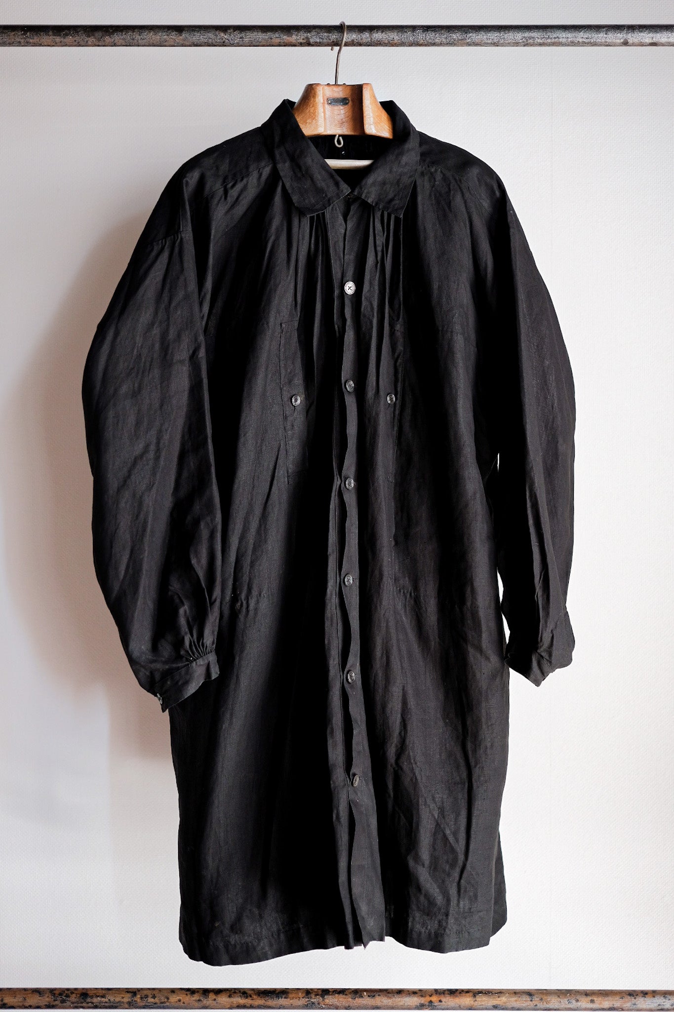 【Early 20th C】French Antique Black Indigo Linen Smock Open Type "Biaude" "Dead Stock"
