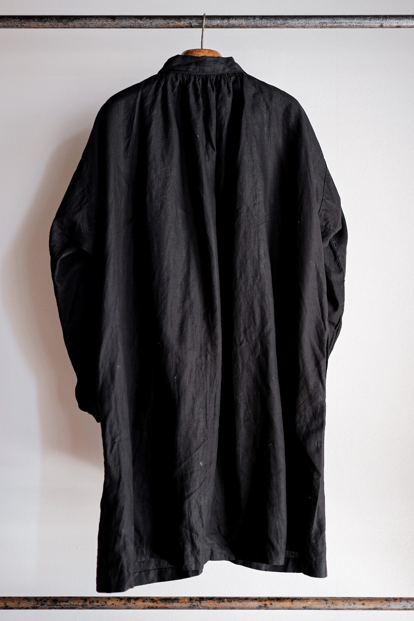 【Early 20th C】French Antique Black Indigo Linen Smock Open Type "Biaude" "Dead Stock"