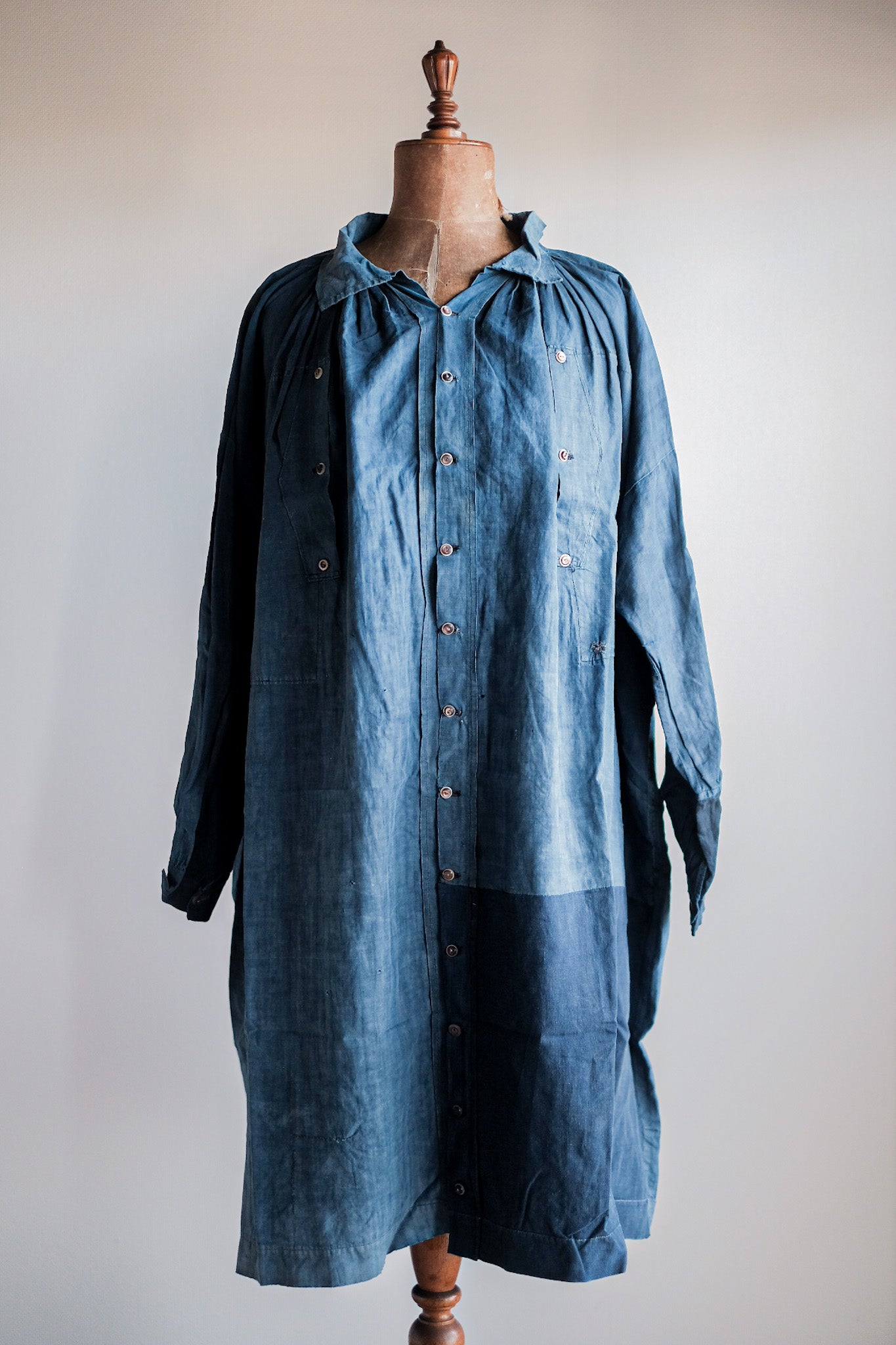 【Early 20th C】French Antique Indigo Linen Smock Open Type "Biaude"