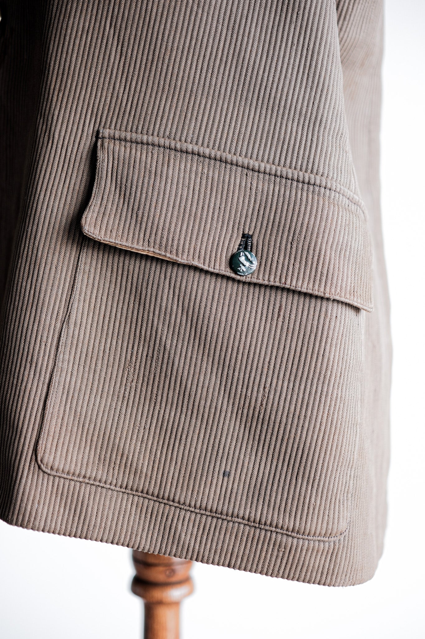 【~40's】French Vintage Brown Cotton Pique Lapel Gamekeeper Hunting Jacket "Unusual Pattern"