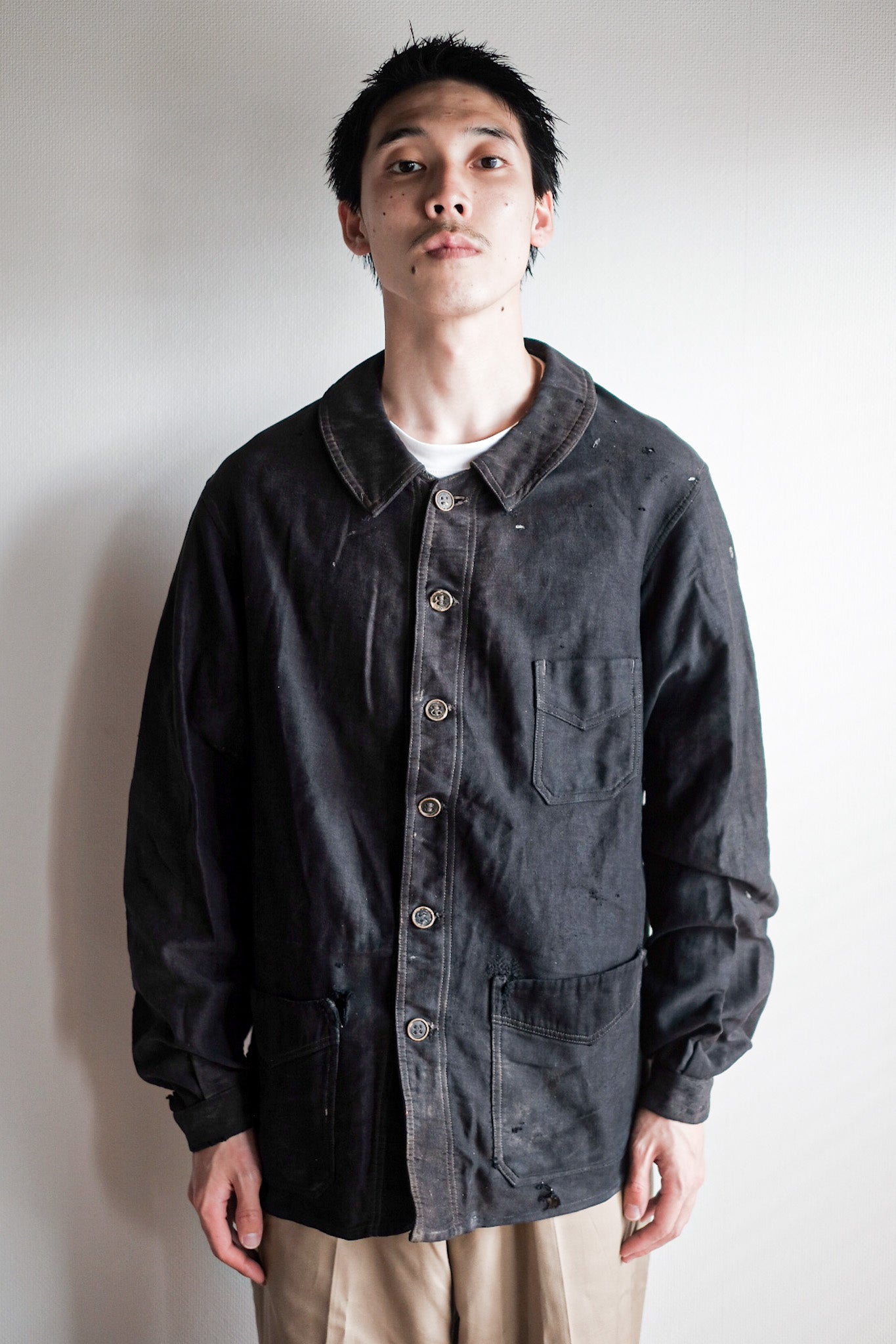 【~20's】French Vintage Black Moleskin Work Jacket "6 Buttons"