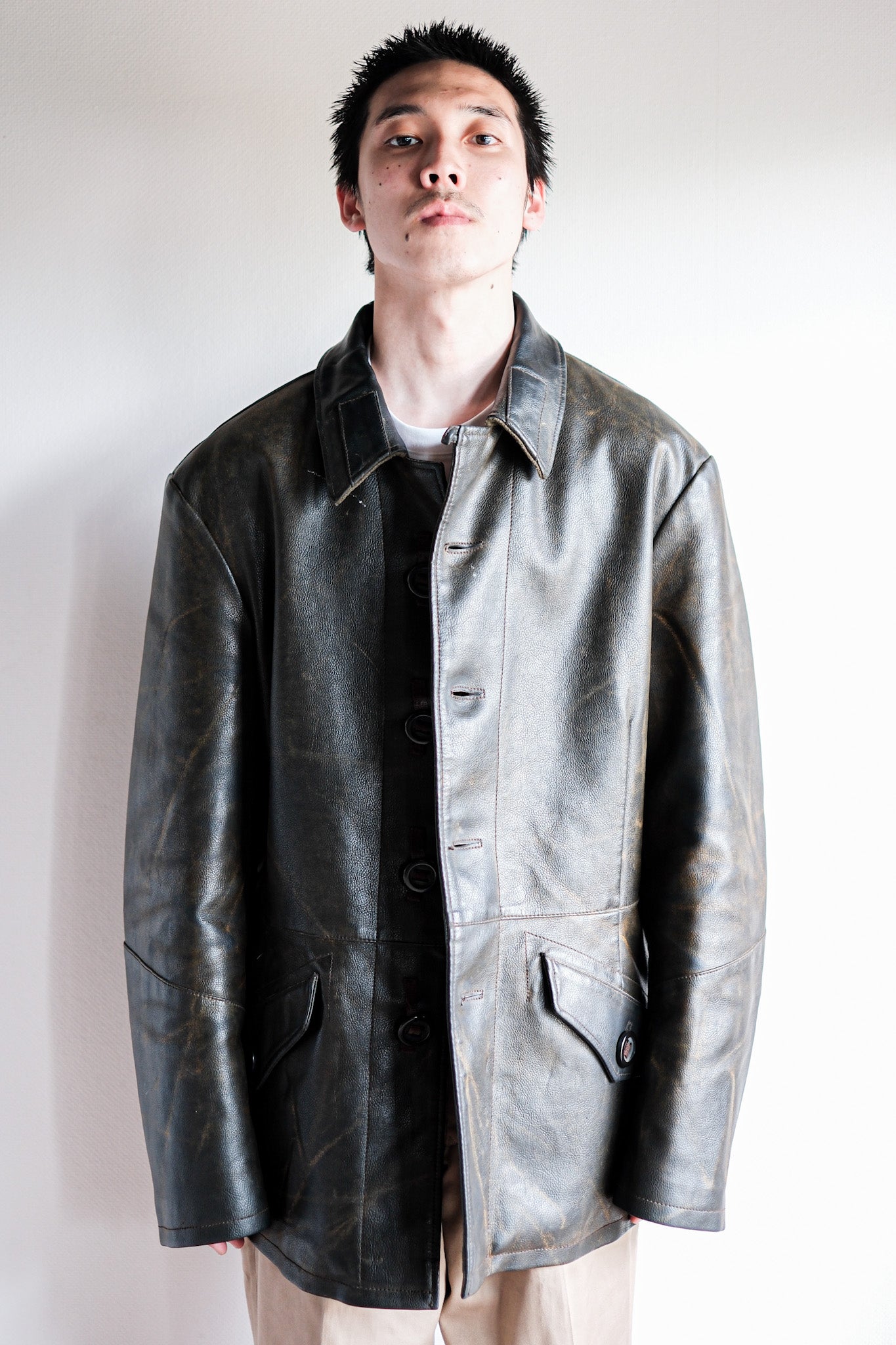 【~90’s】Old ARMANI JEANS M-59 Type PVC Leather Jacket