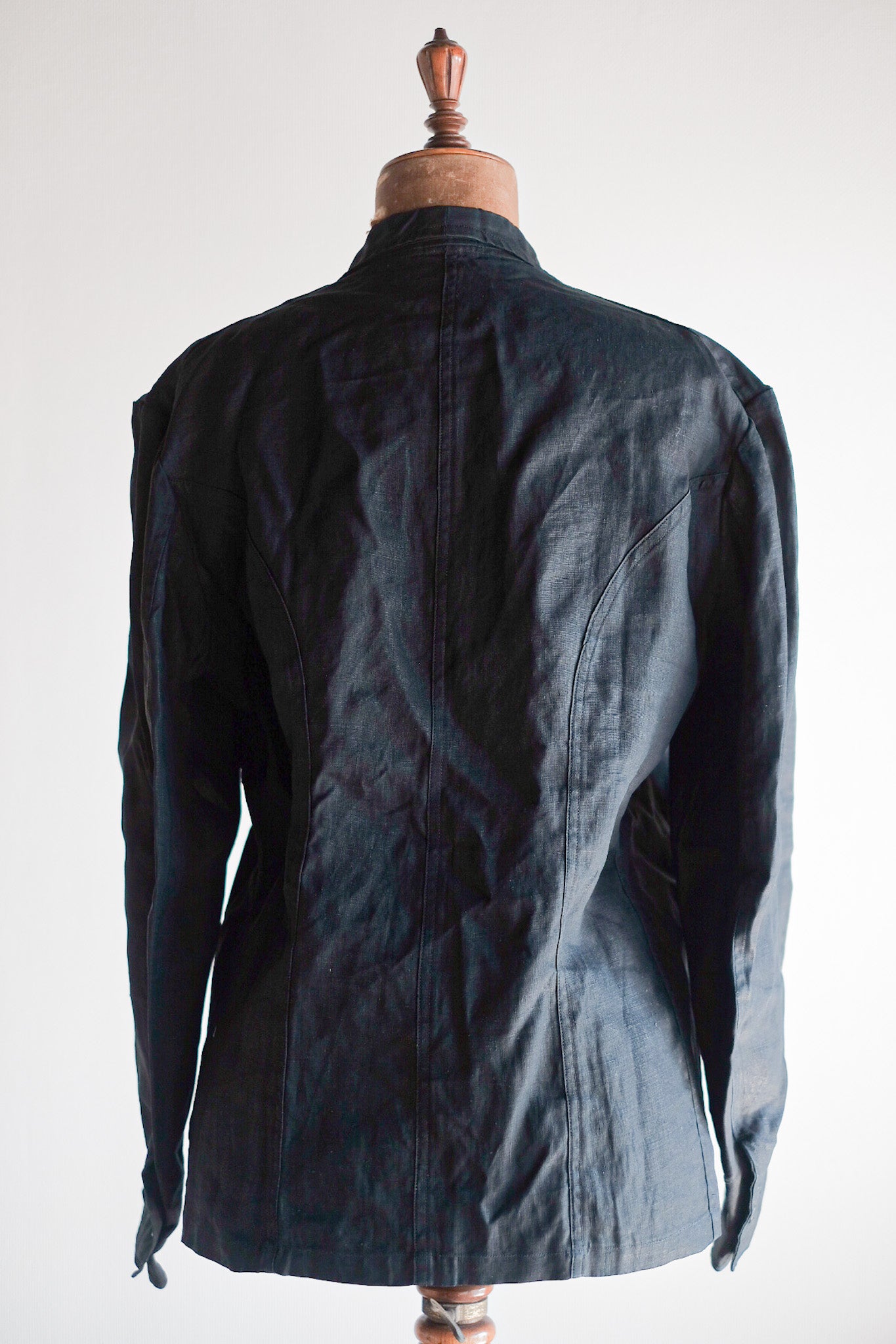 【~30's】French Vintage Black Indigo Linen Double Breasted Work Jacket "Dead Stock"