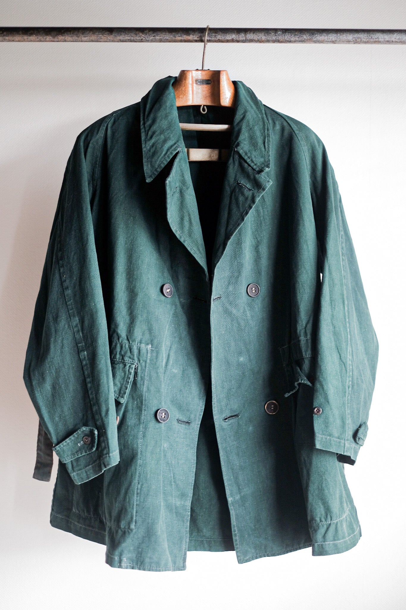 【~40's】French Army Double Breasted Green Linen Canvas Jacket