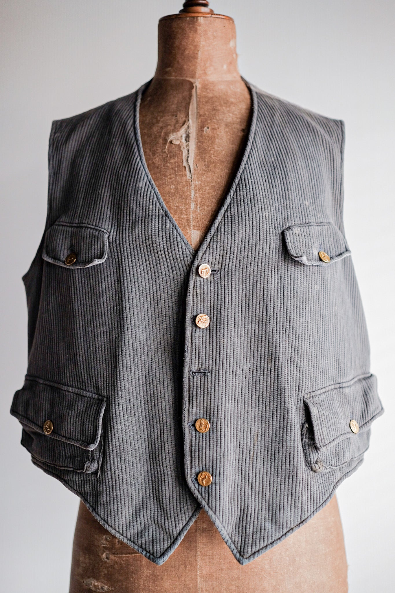 【~30's】French Vintage Gray Cotton Pique Hunting Gilet