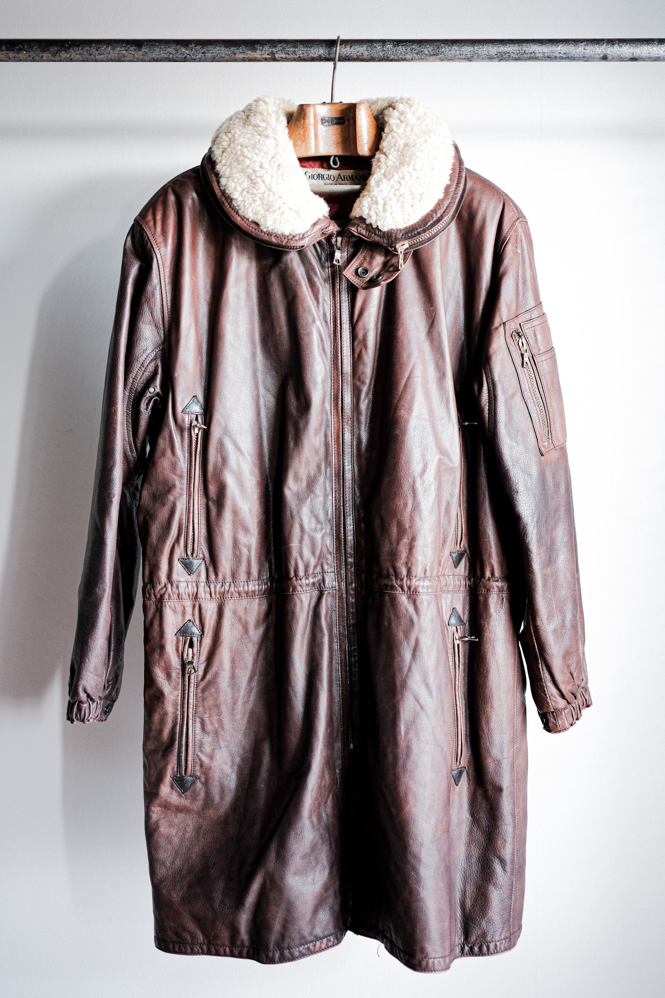 【~80's】Old GIORGIO ARMANI Aviator Style Leather Coat Size.48