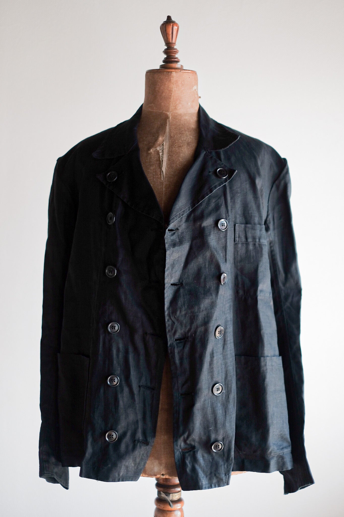 【~30's】French Vintage Black Indigo Linen Double Breasted Work Jacket "Dead Stock"