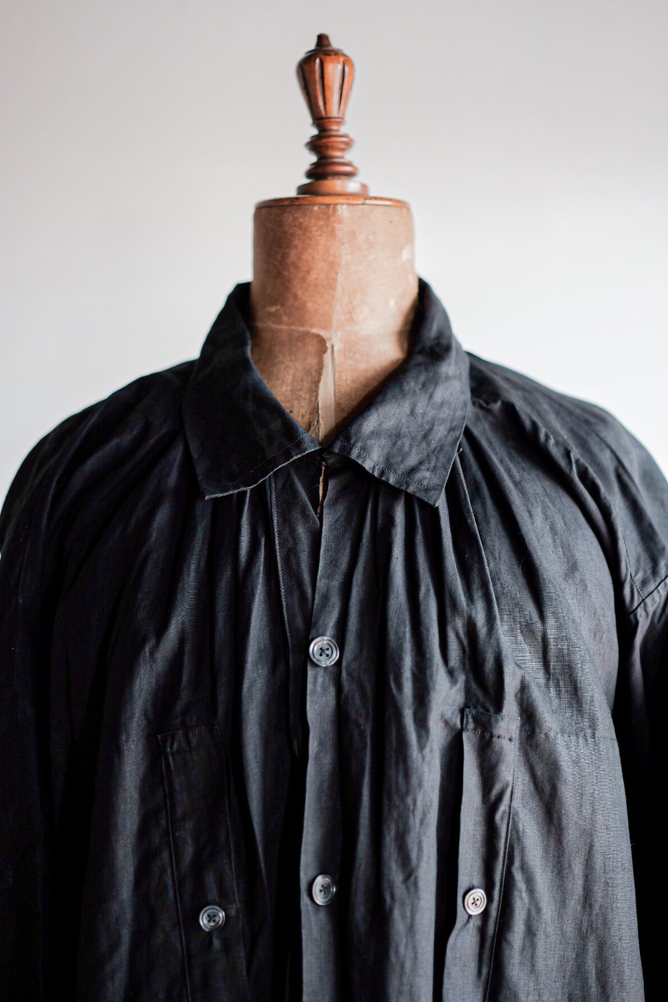 【Early 20th C】French Antique Black Indigo Linen Smock Open Type "Biaude" "Dead Stock"