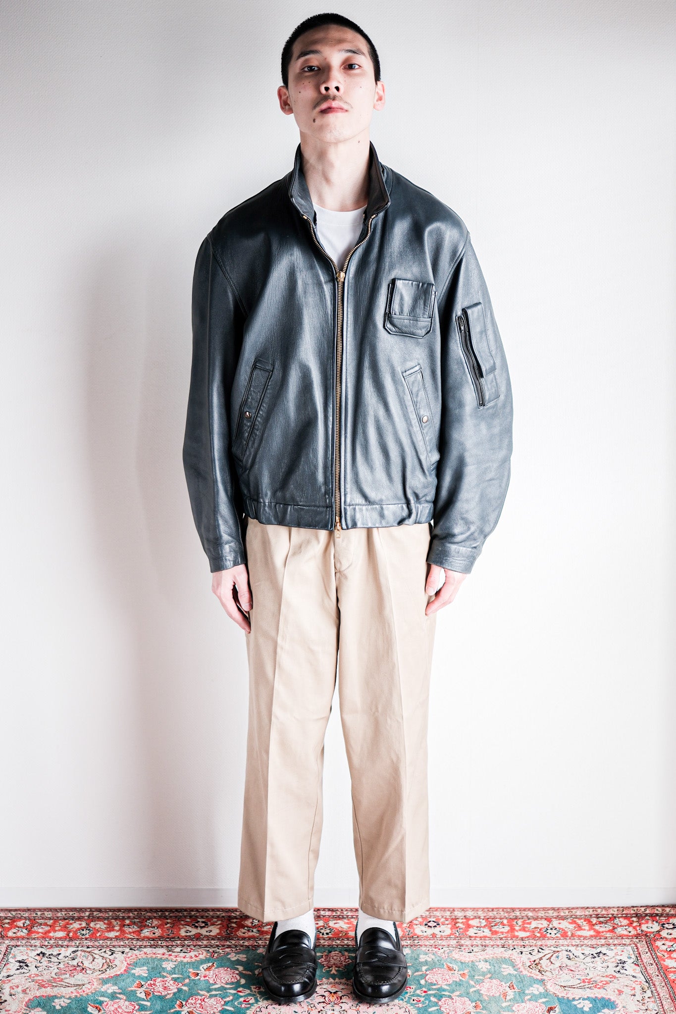 【~70's】French Air Force Pilot Leather Jacket With Chin Strap Size.96M