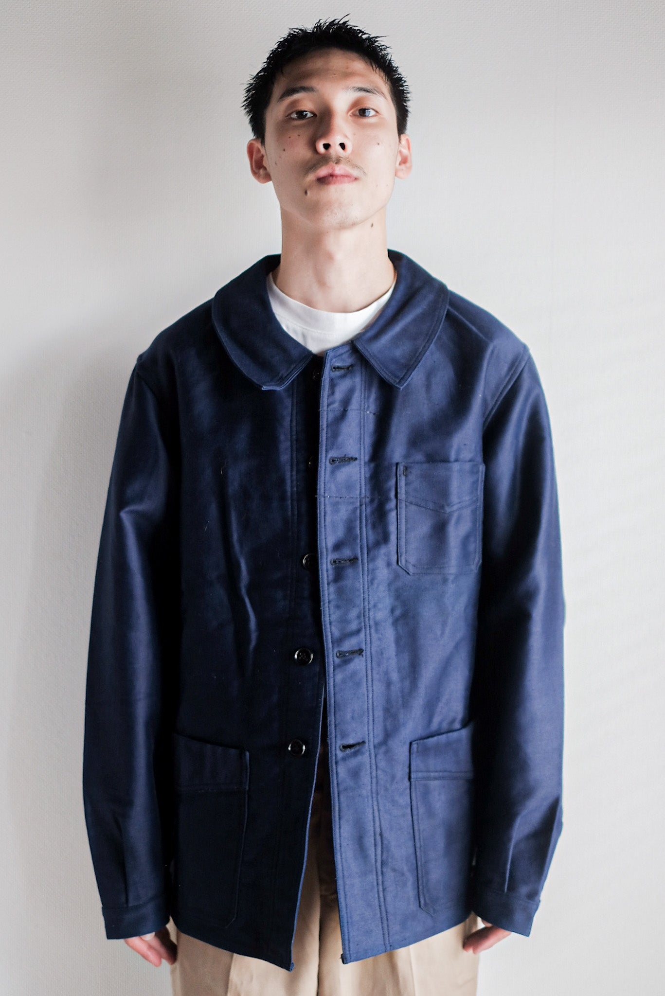 【~40's】French Vintage Blue Moleskin Work Jacket "Le Mont St. Michel" "Dead Stock"