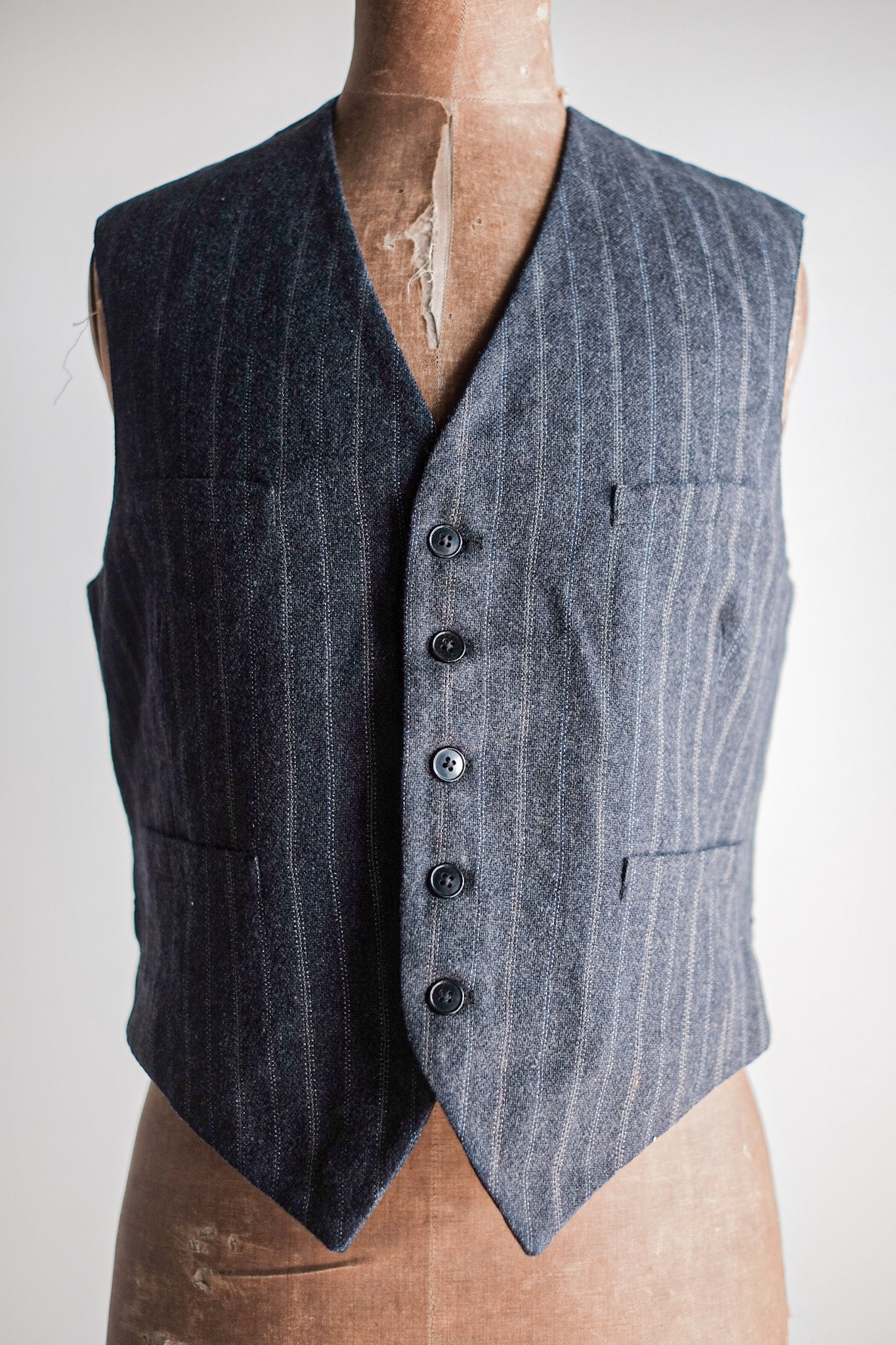 【~40's】French Vintage Gray Wool Striped Work Gilet