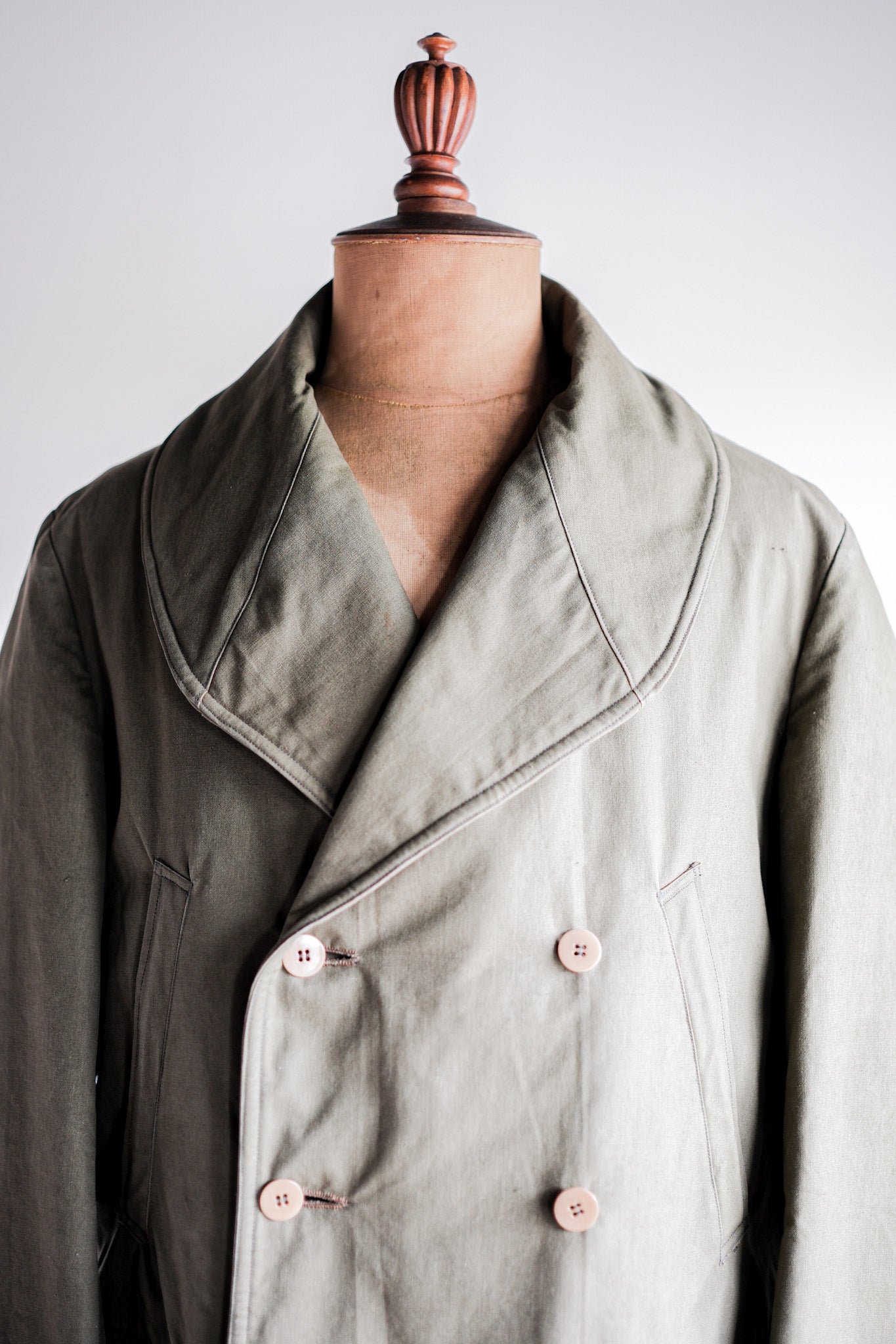 【~40's】French Vintage Shawl Collar Green Cotton Canvas Mackinaw Coat