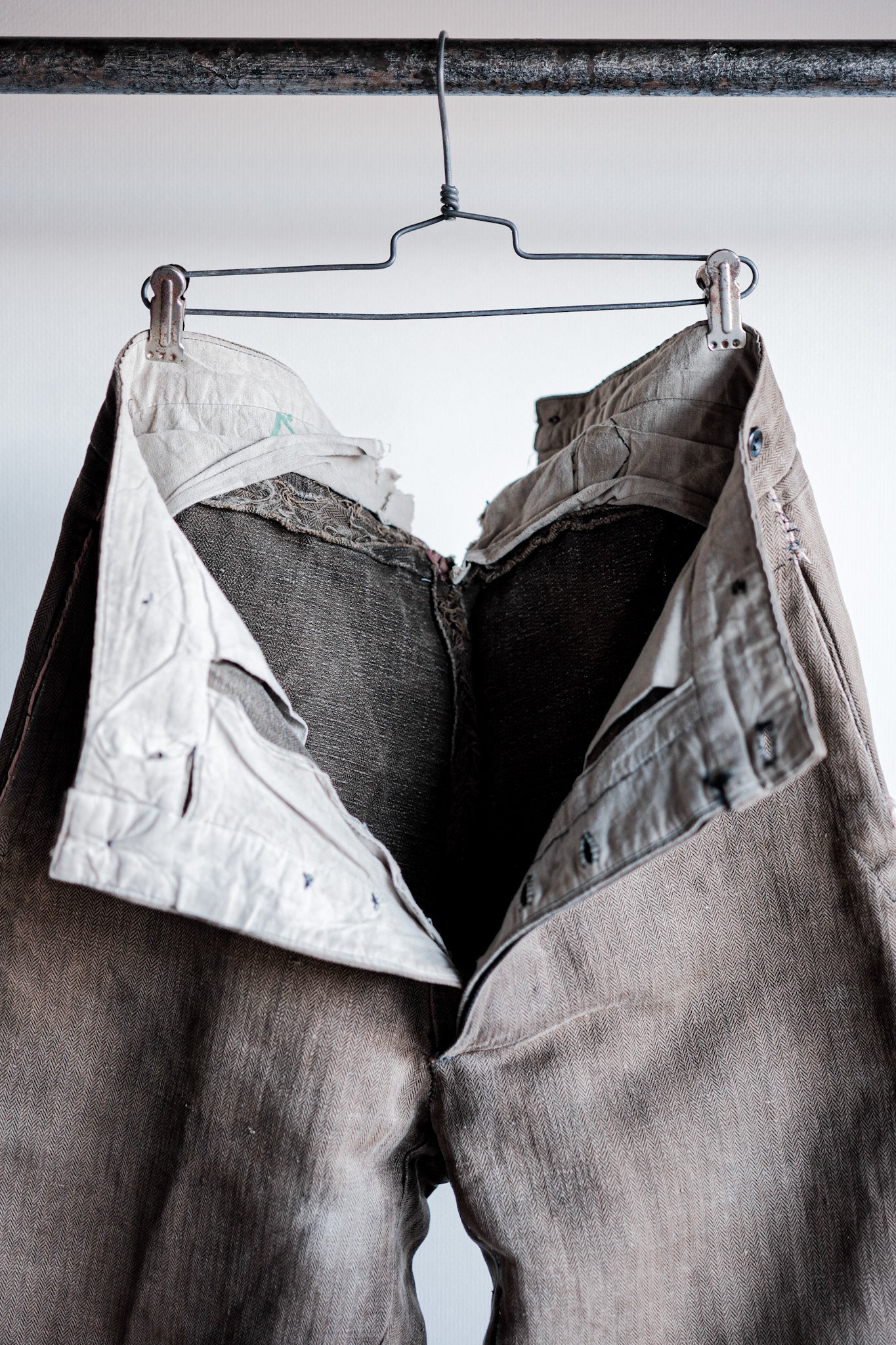 【Late 19th C】French Antique Brown HBT Linen Firefighter Trousers