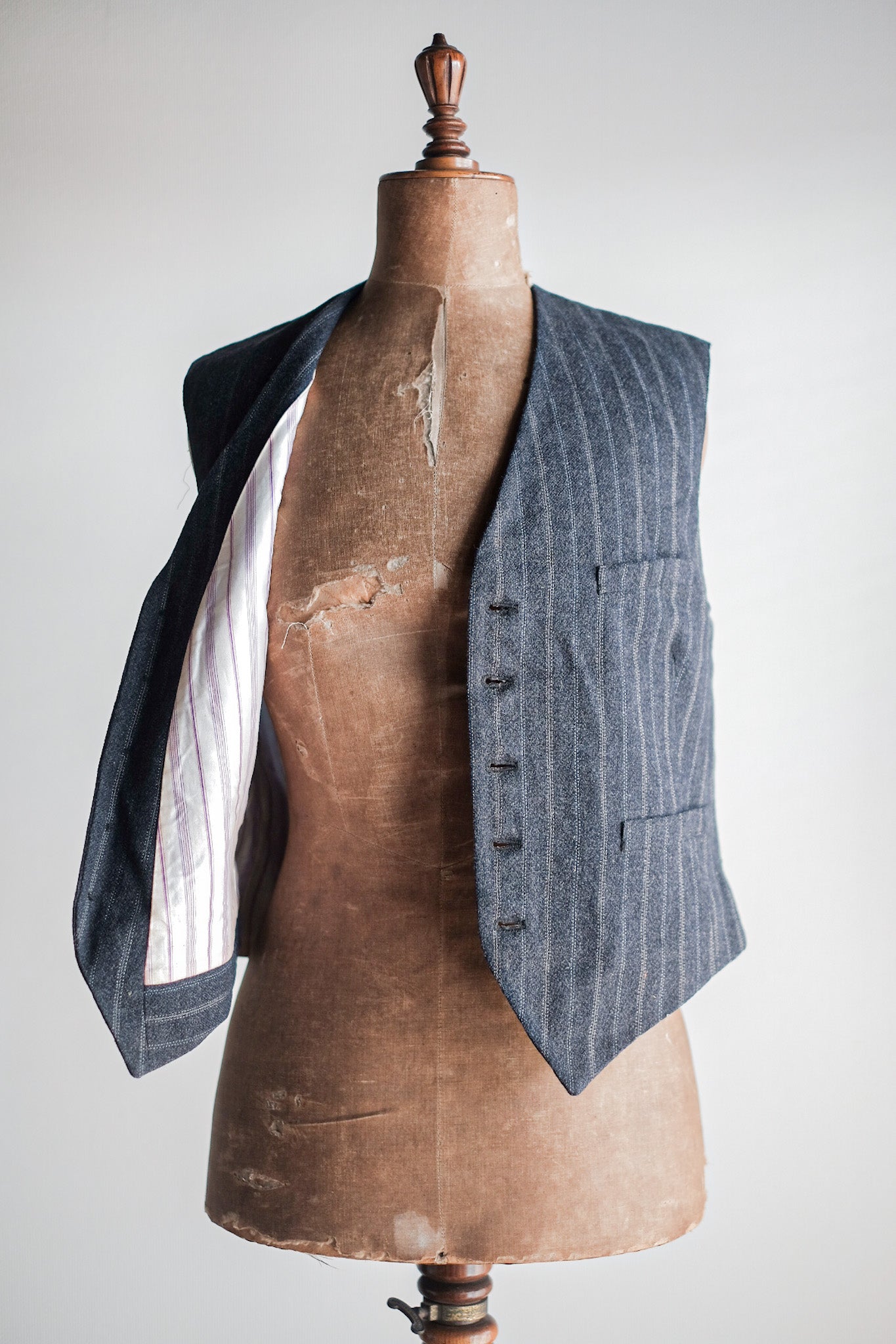 【~40's】French Vintage Gray Wool Striped Work Gilet