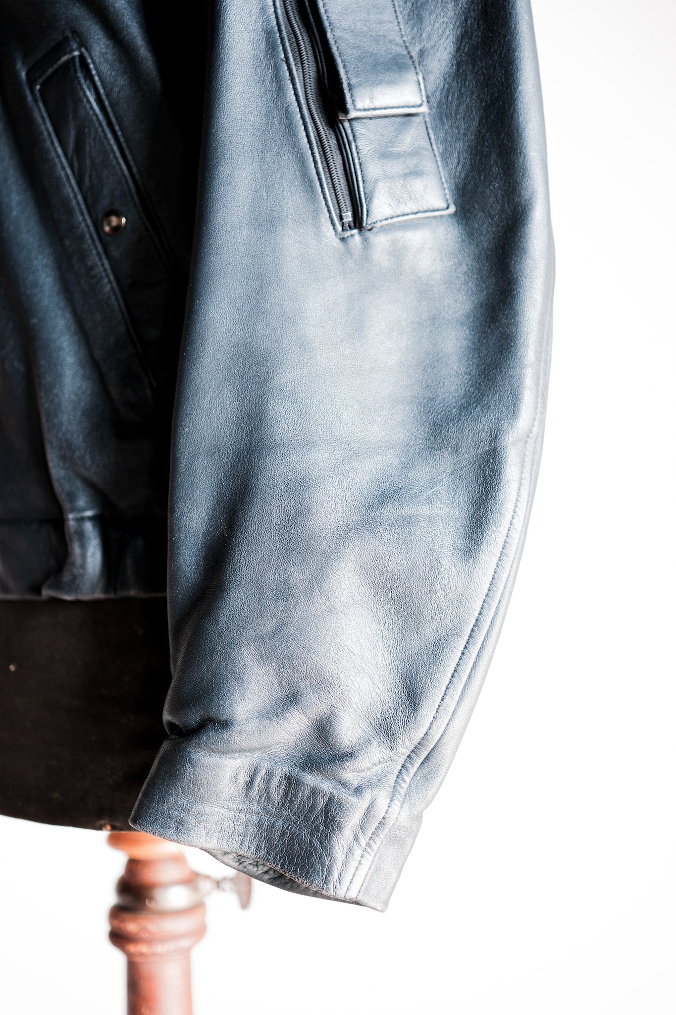 【~70's】French Air Force Pilot Leather Jacket With Chin Strap Size.96M