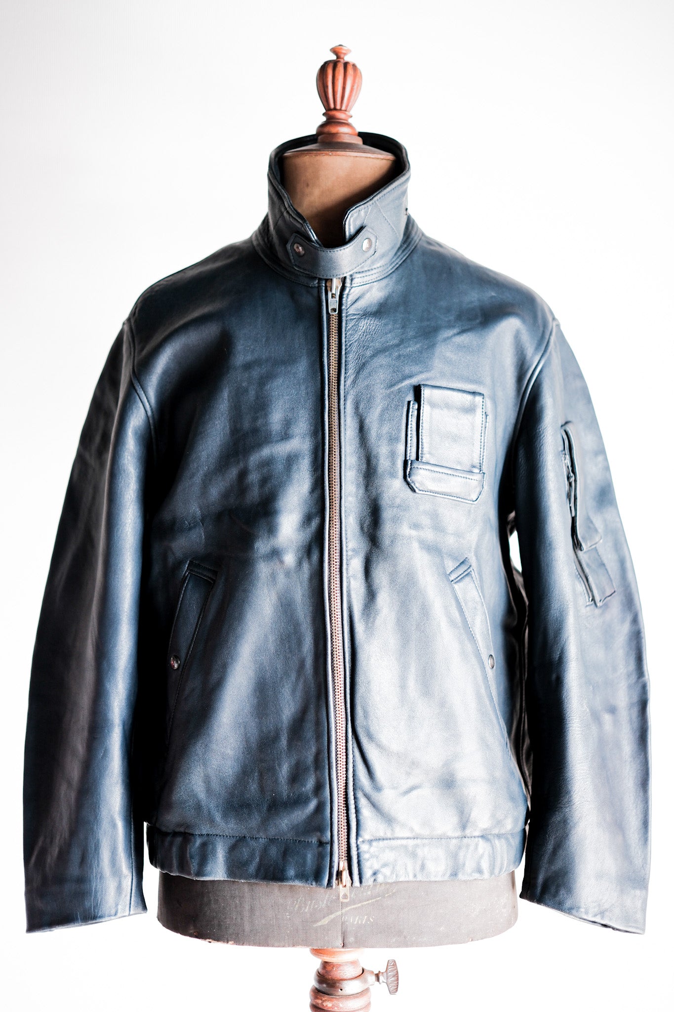 【~70's】French Air Force Pilot Leather Jacket With Chin Strap
