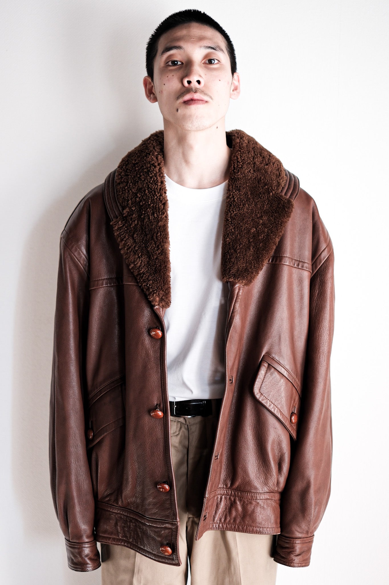 【~80's】Old Gucci Shawl Collar Leather Bomber Jacket Size.52