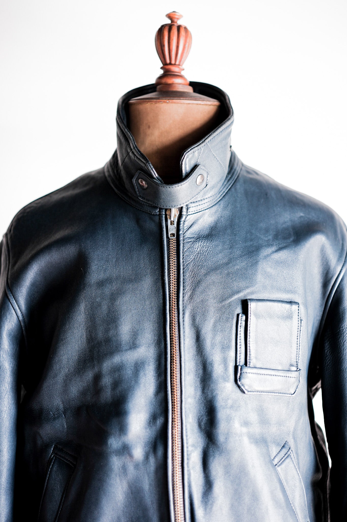 【~70's】French Air Force Pilot Leather Jacket With Chin Strap