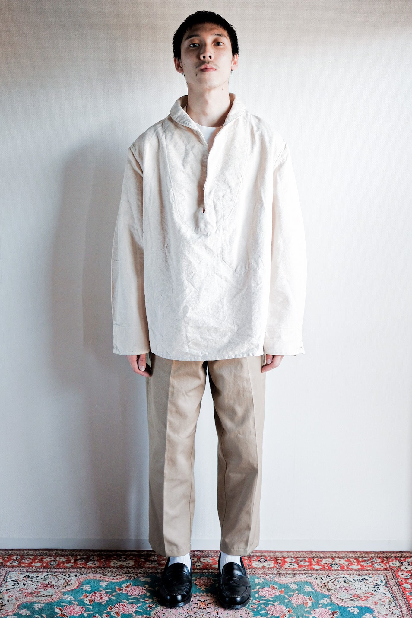 【~30's】French Navy Linen Sailor Smock "Dead Stock"