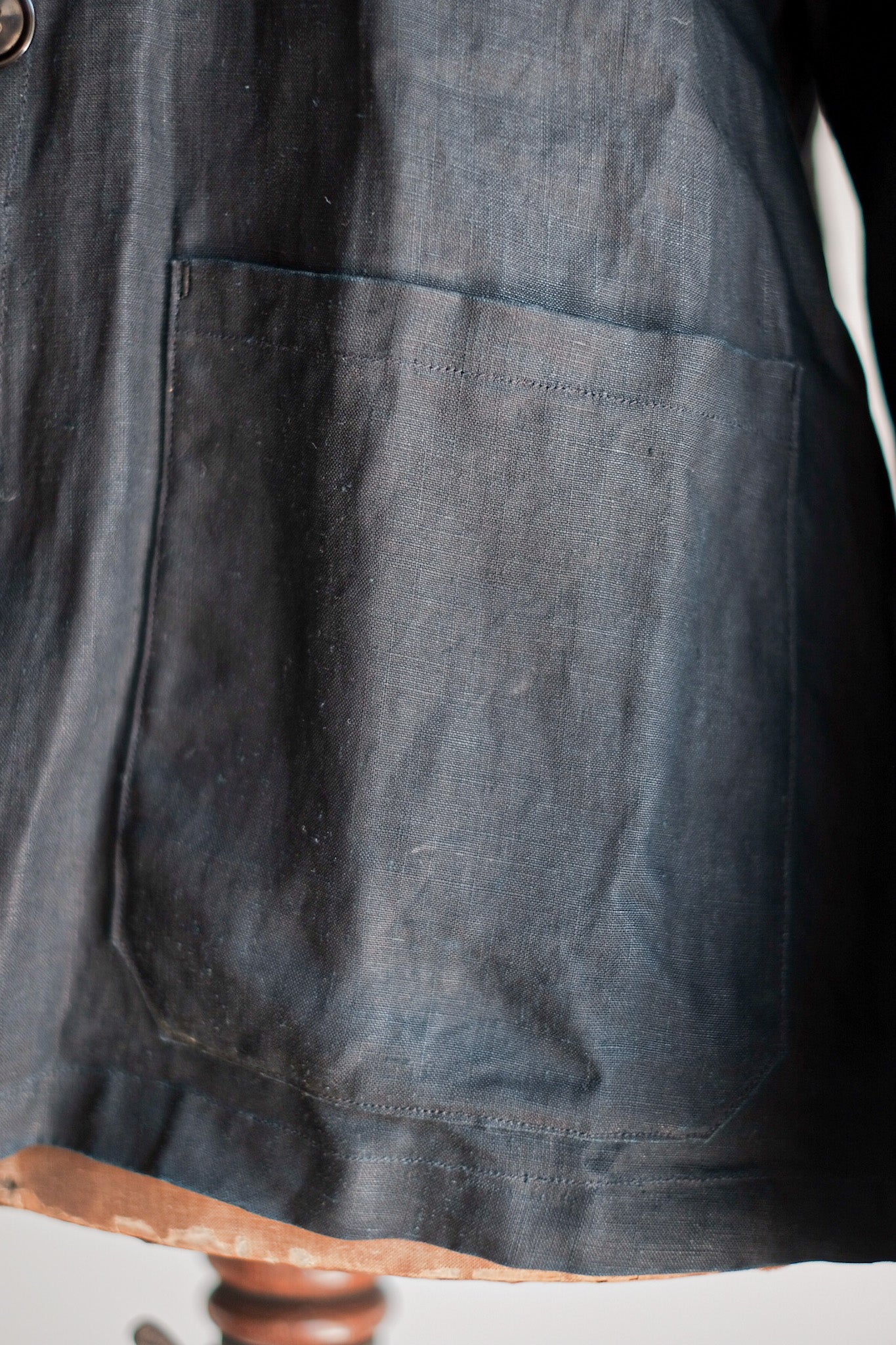 【~30's】French Vintage Black Indigo Linen Double Breasted Work Jacket "Dead Stock"