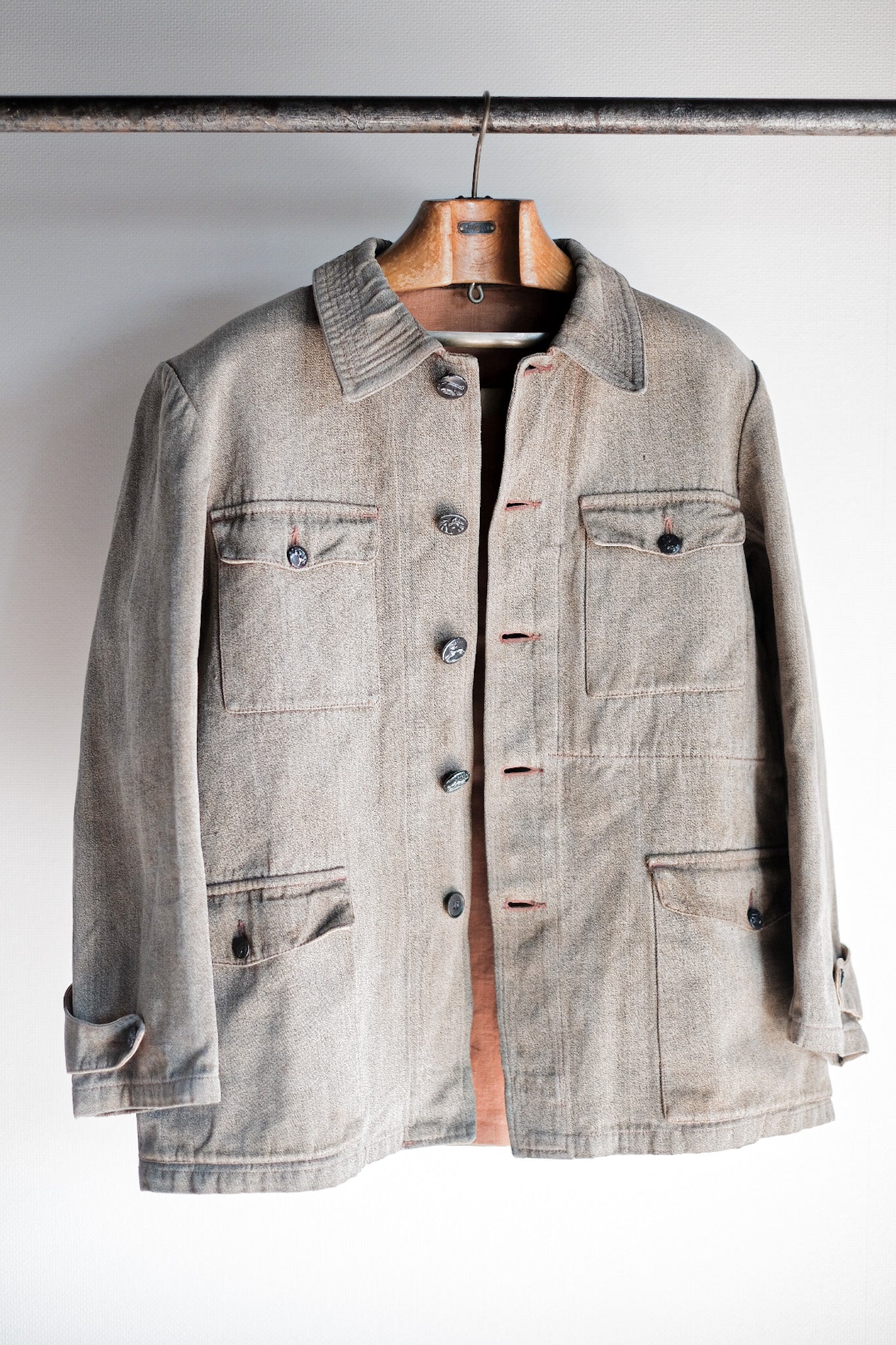 【~30's】French Vintage Brown Cotton Salt & Pepper Hunting Jacket