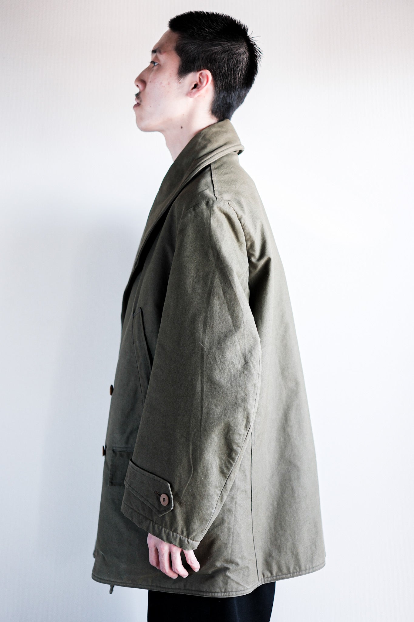 【~40's】French Vintage Shawl Collar Green Cotton Canvas Mackinaw Coat