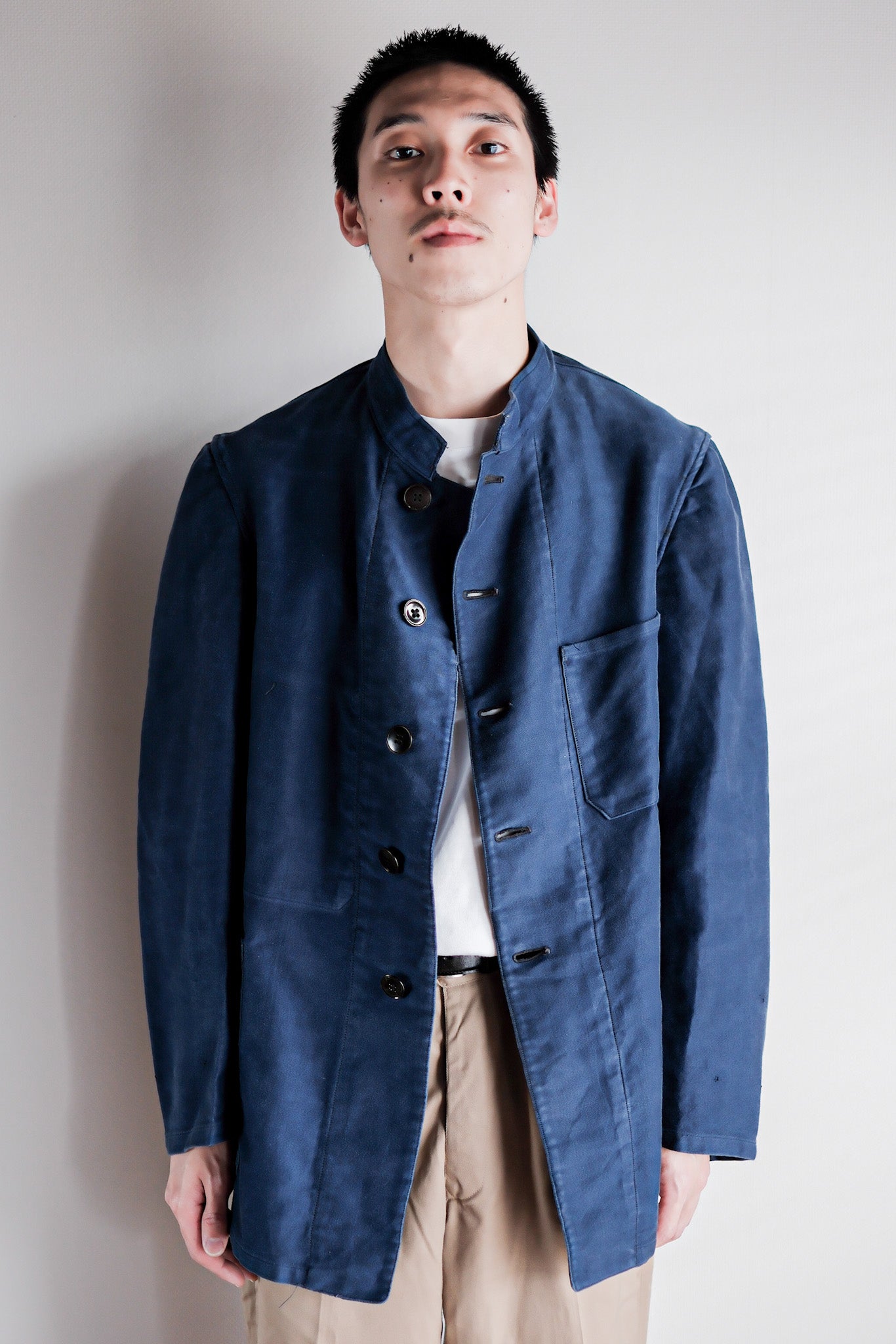 【~40's】French Vintage Blue Moleskin Stand Collar Work Jacket