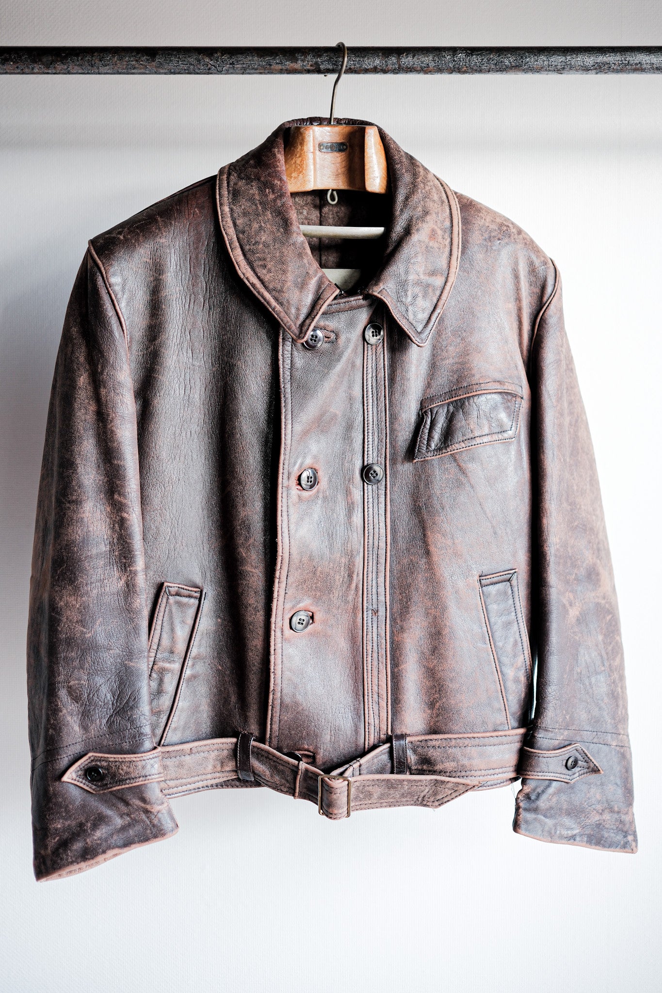 【~50's】French Vintage Le Corbusier Type Double Breasted Leather Jacket "Unusual Pattern"